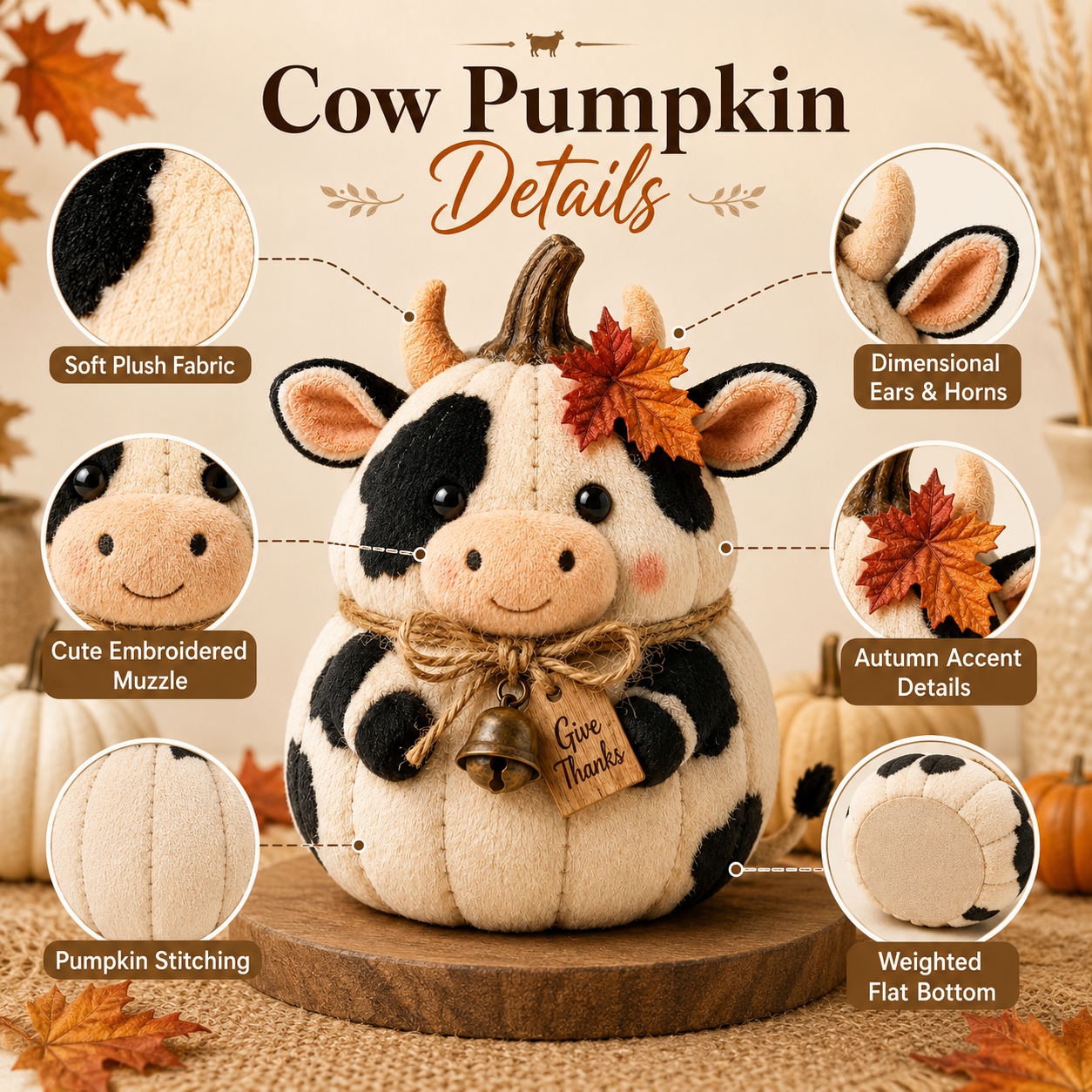 Harvest Friends Plush Cow Pumpkin Fall Farmhouse Decor