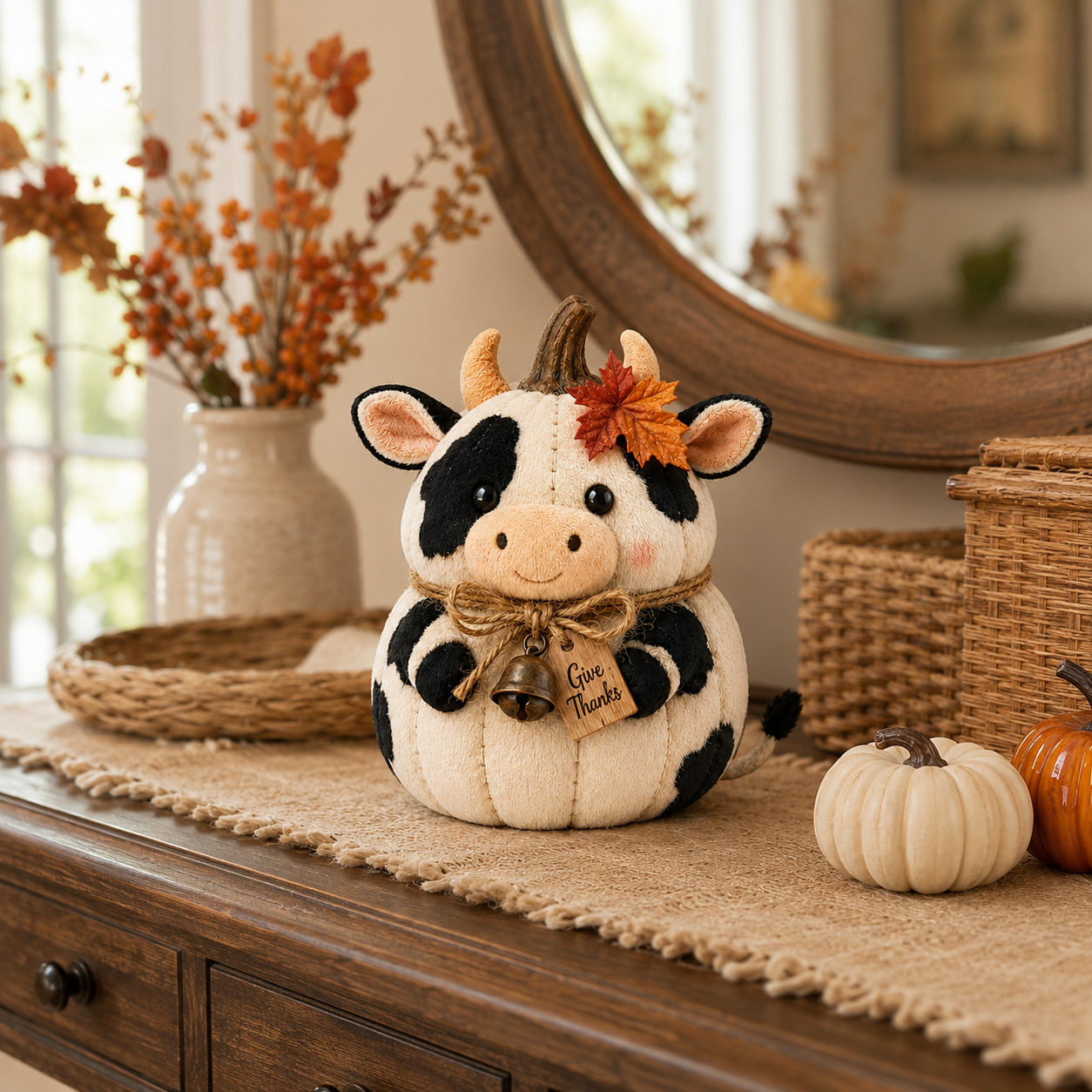 Harvest Friends Plush Cow Pumpkin Fall Farmhouse Decor