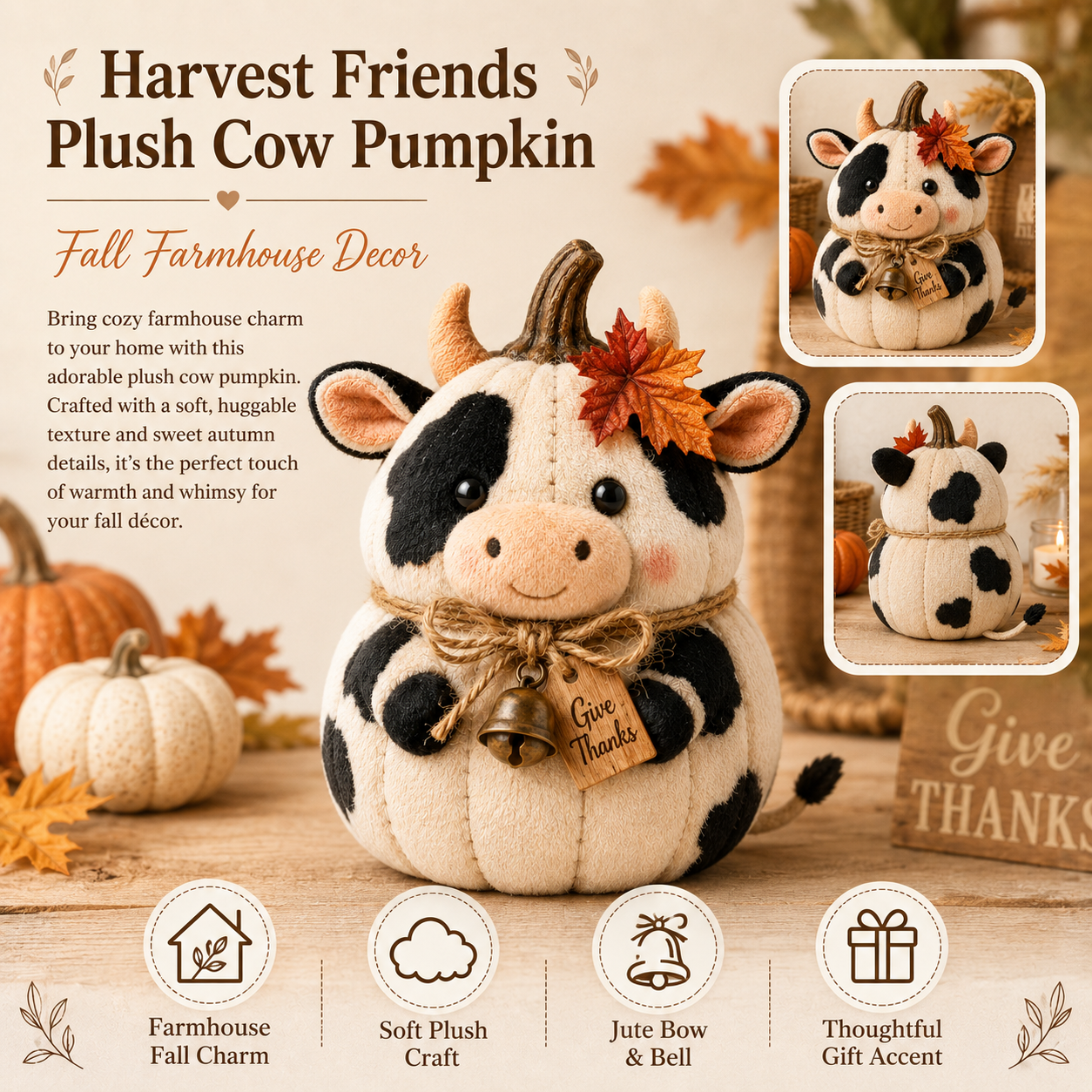 Harvest Friends Plush Cow Pumpkin Fall Farmhouse Decor