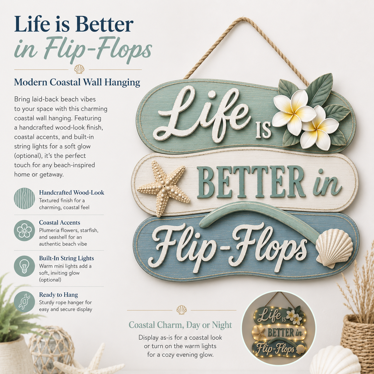 Seaside Reverie Lighted Flip-Flop Coastal Hanging Sign