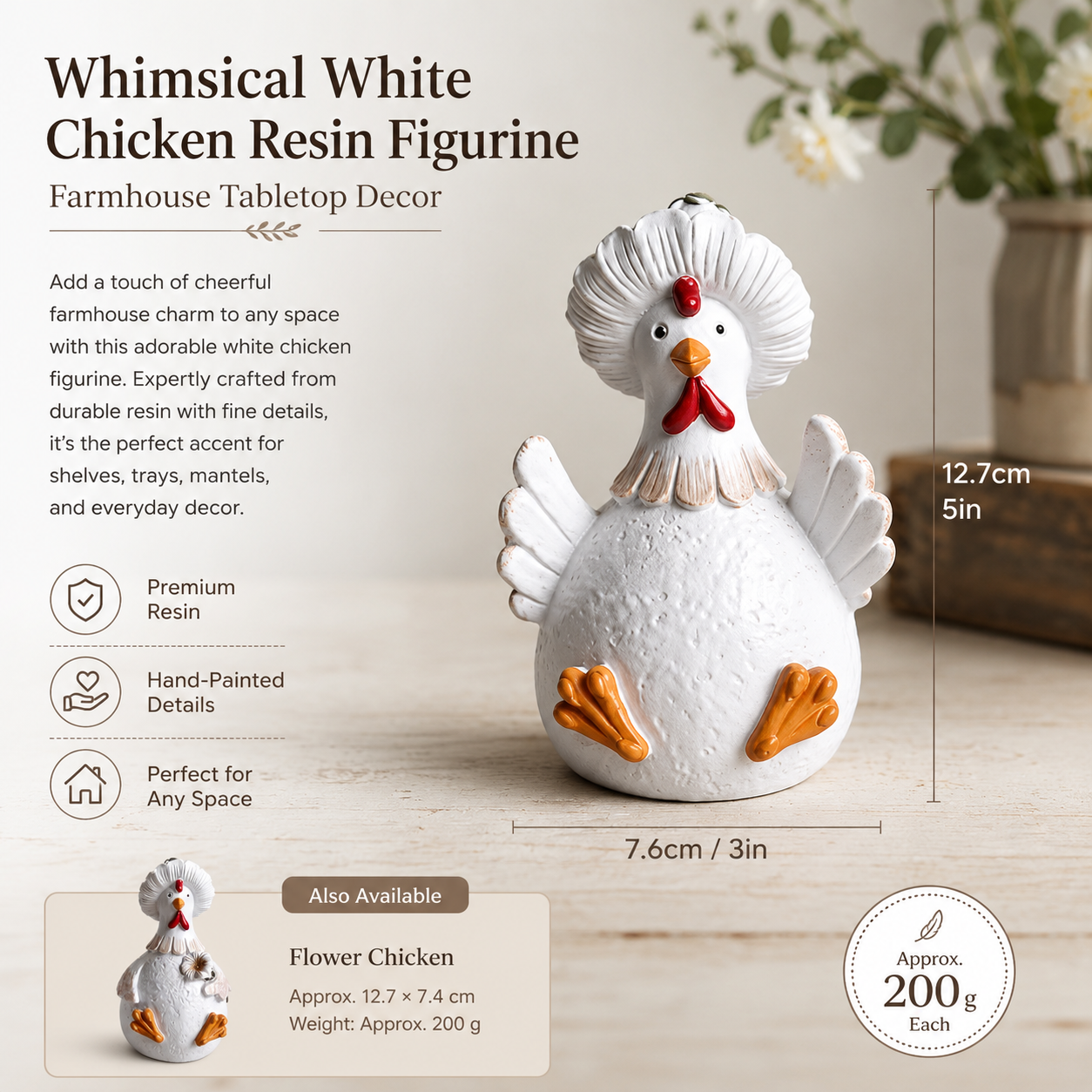Whimsical White Chicken Resin Figurine – Farmhouse Tabletop Decor