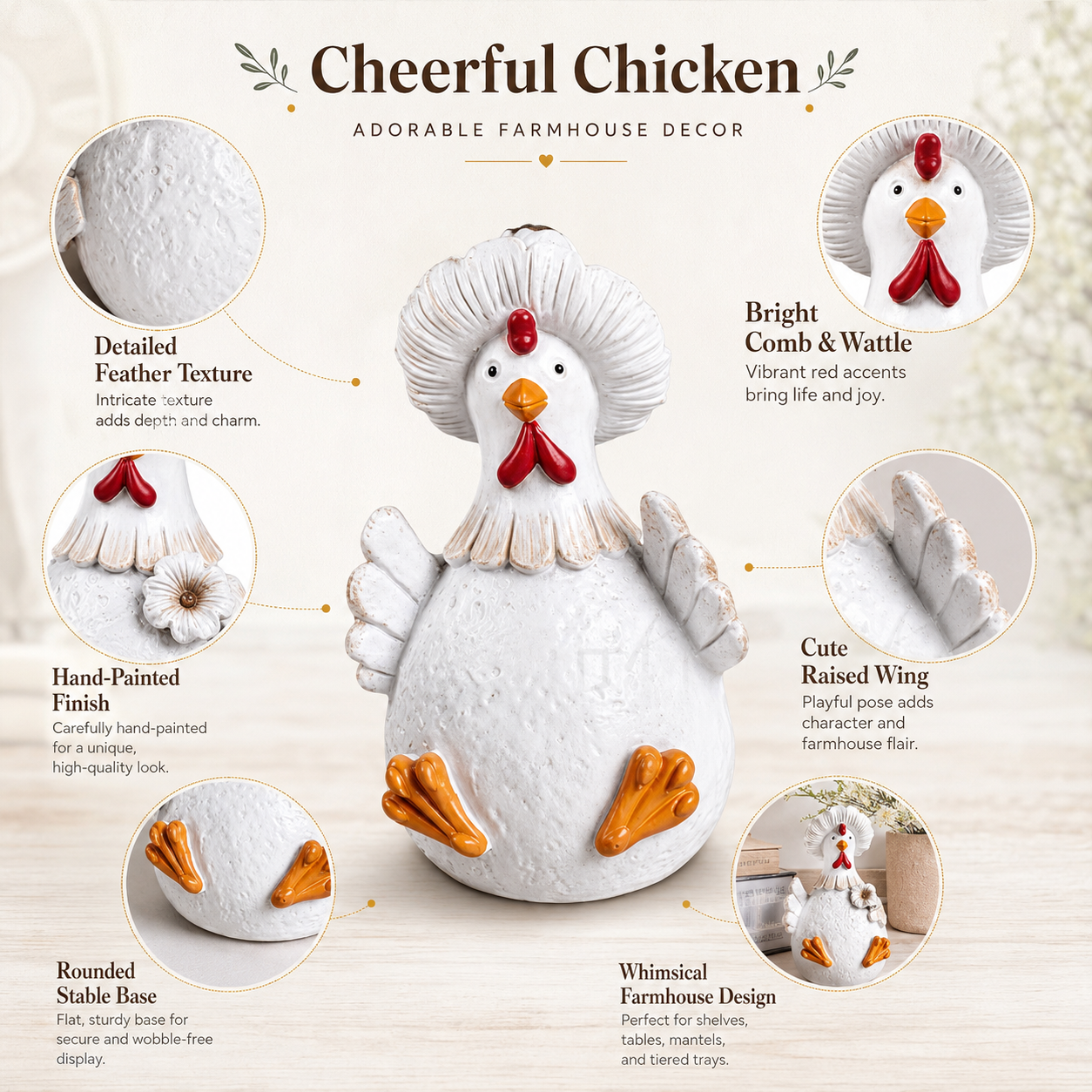 Whimsical White Chicken Resin Figurine – Farmhouse Tabletop Decor
