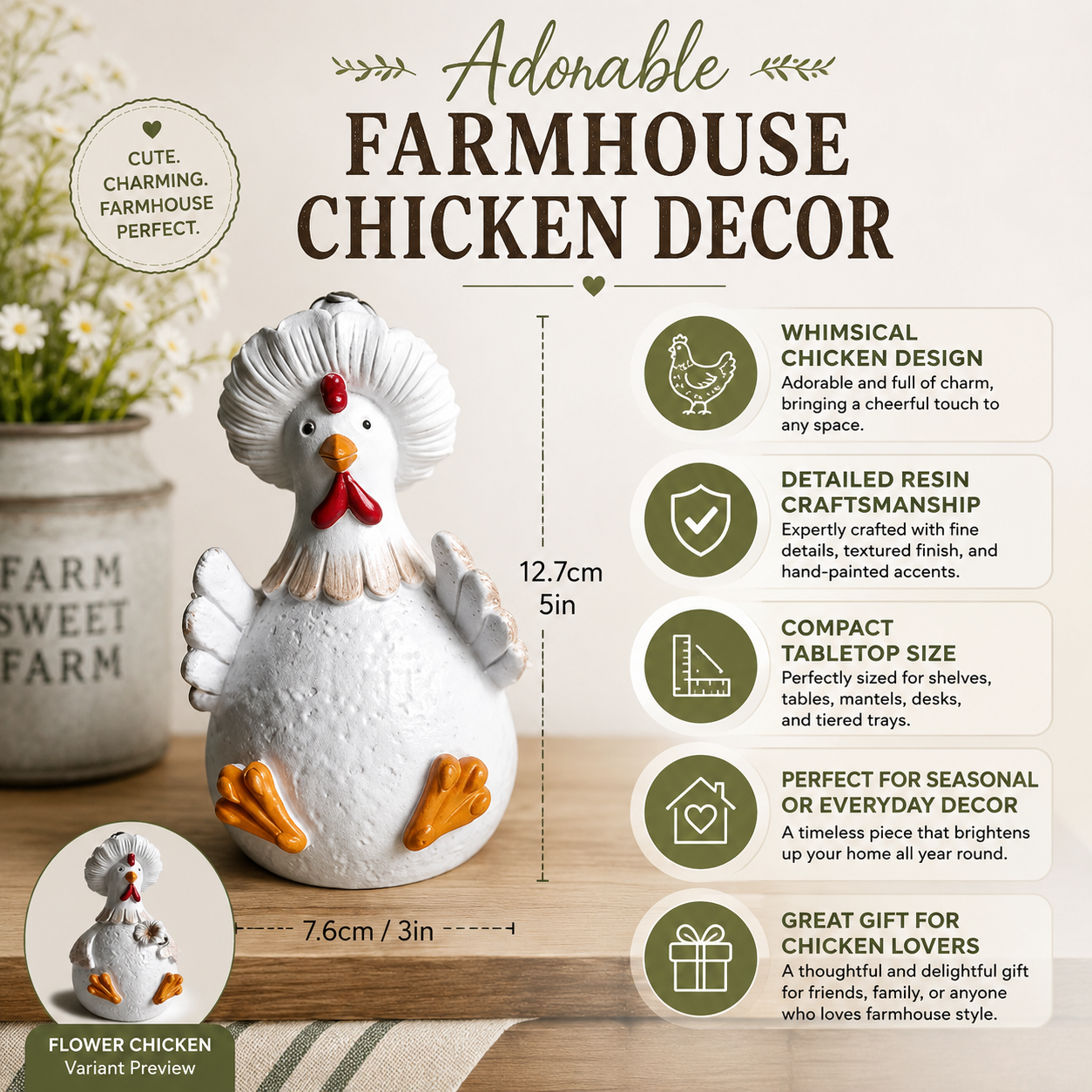Whimsical White Chicken Resin Figurine – Farmhouse Tabletop Decor