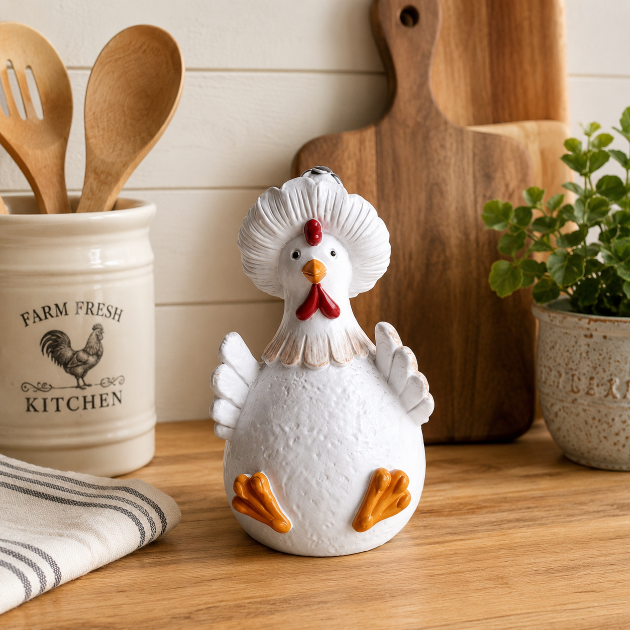Whimsical White Chicken Resin Figurine – Farmhouse Tabletop Decor