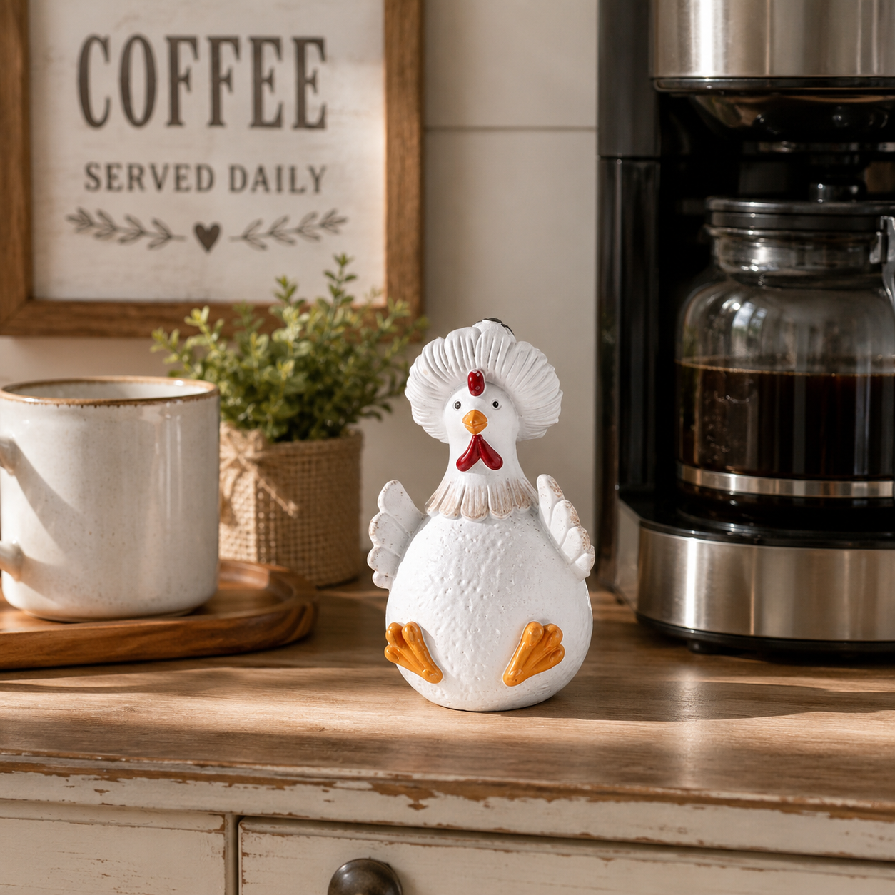 Whimsical White Chicken Resin Figurine – Farmhouse Tabletop Decor