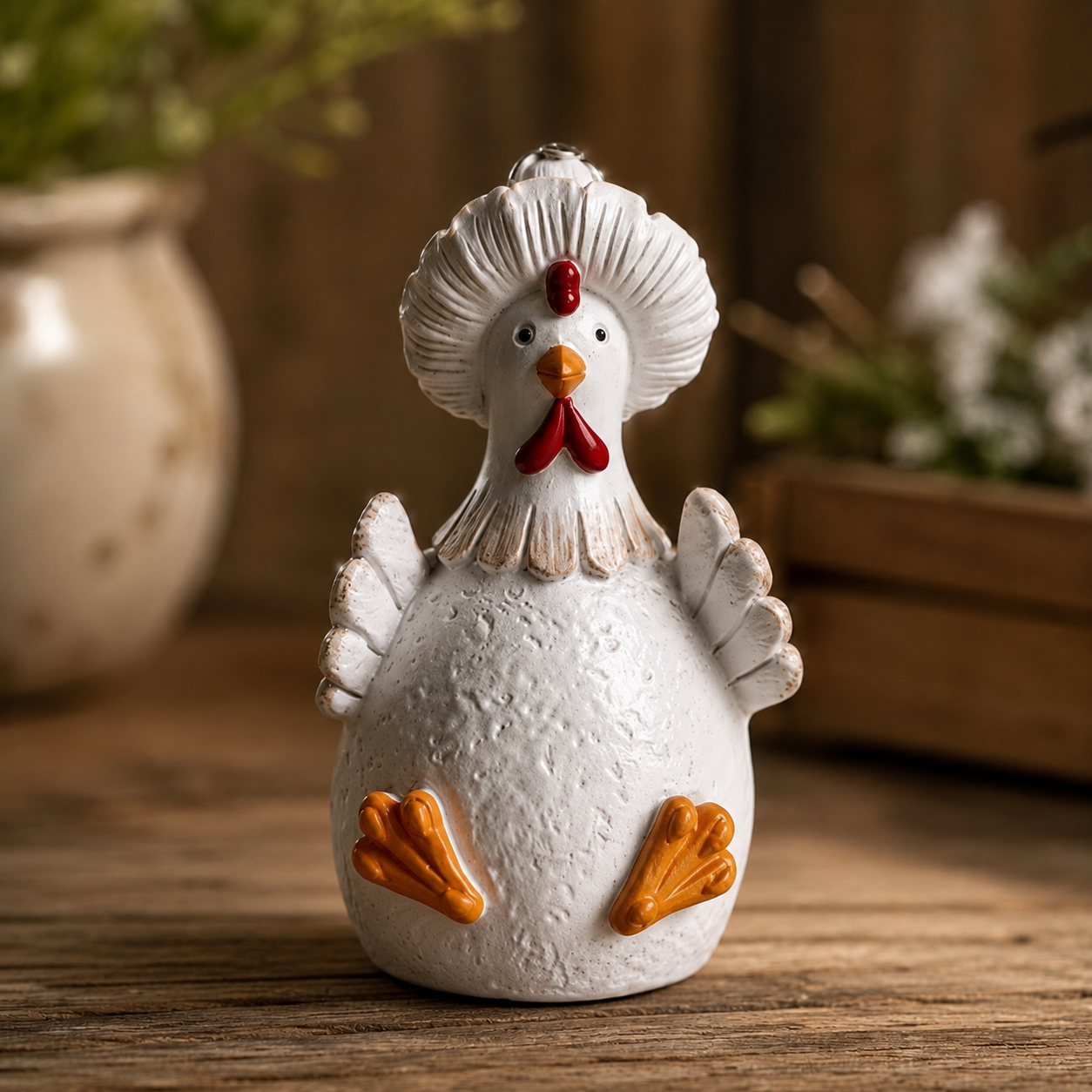 Whimsical White Chicken Resin Figurine – Farmhouse Tabletop Decor
