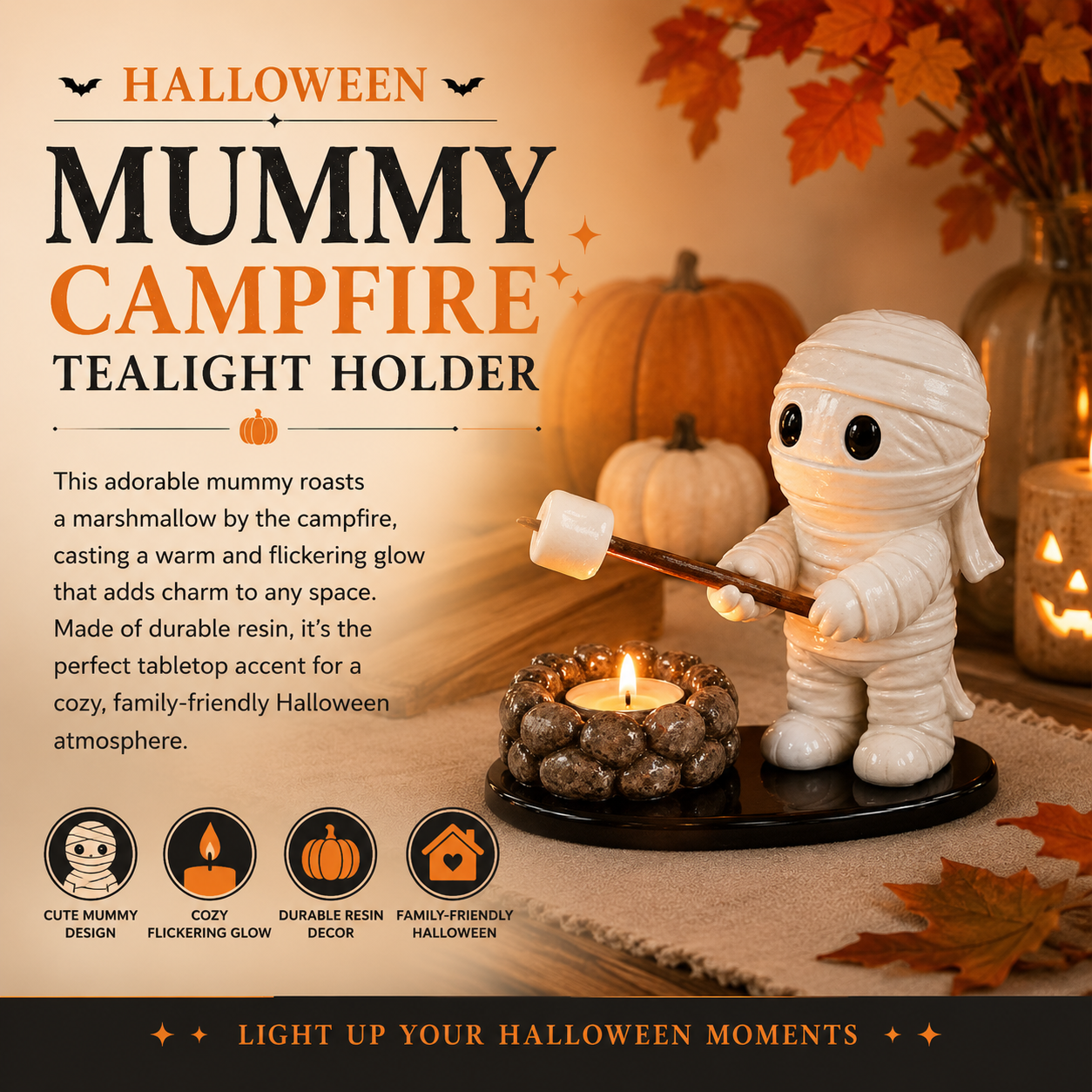 Halloween Mummy Campfire Tealight Holder – Resin Tabletop Candle Decor