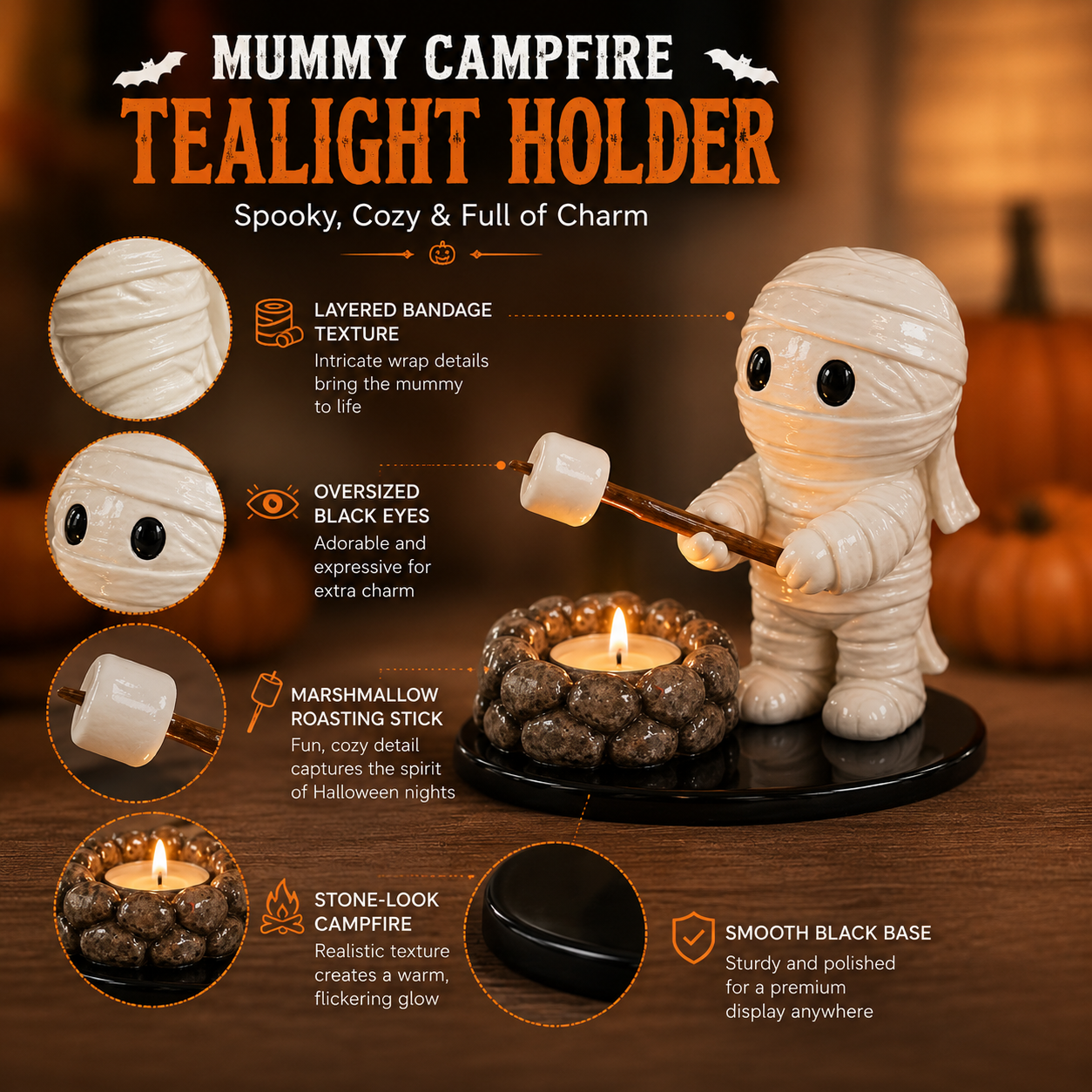 Halloween Mummy Campfire Tealight Holder – Resin Tabletop Candle Decor