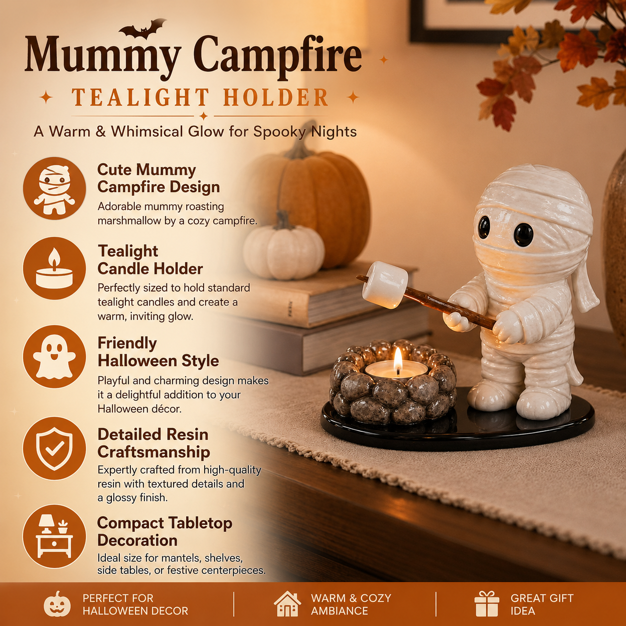 Halloween Mummy Campfire Tealight Holder – Resin Tabletop Candle Decor