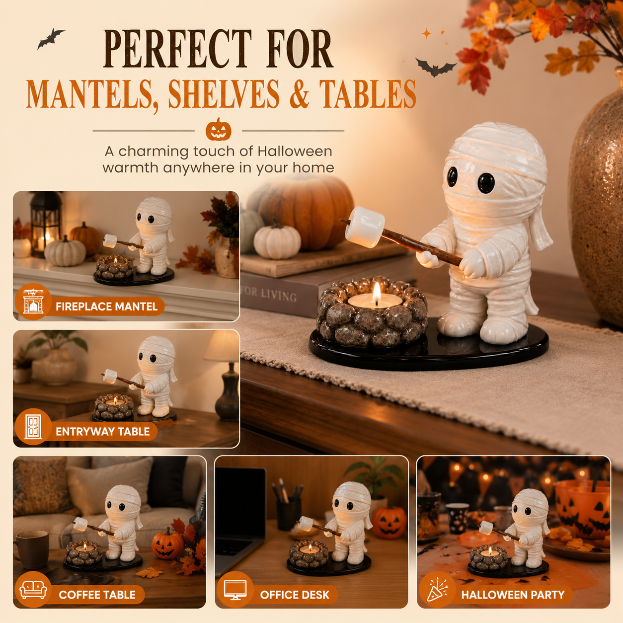 Halloween Mummy Campfire Tealight Holder – Resin Tabletop Candle Decor