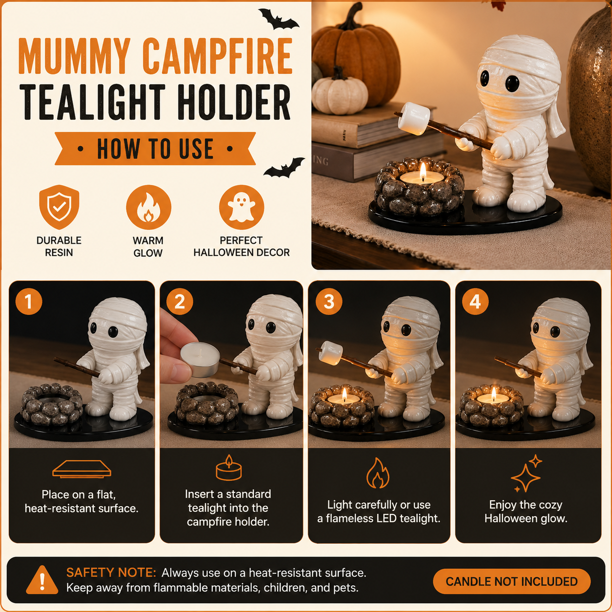 Halloween Mummy Campfire Tealight Holder – Resin Tabletop Candle Decor