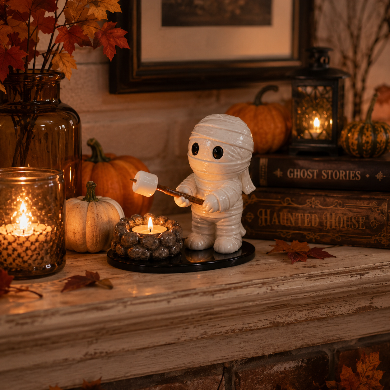 Halloween Mummy Campfire Tealight Holder – Resin Tabletop Candle Decor