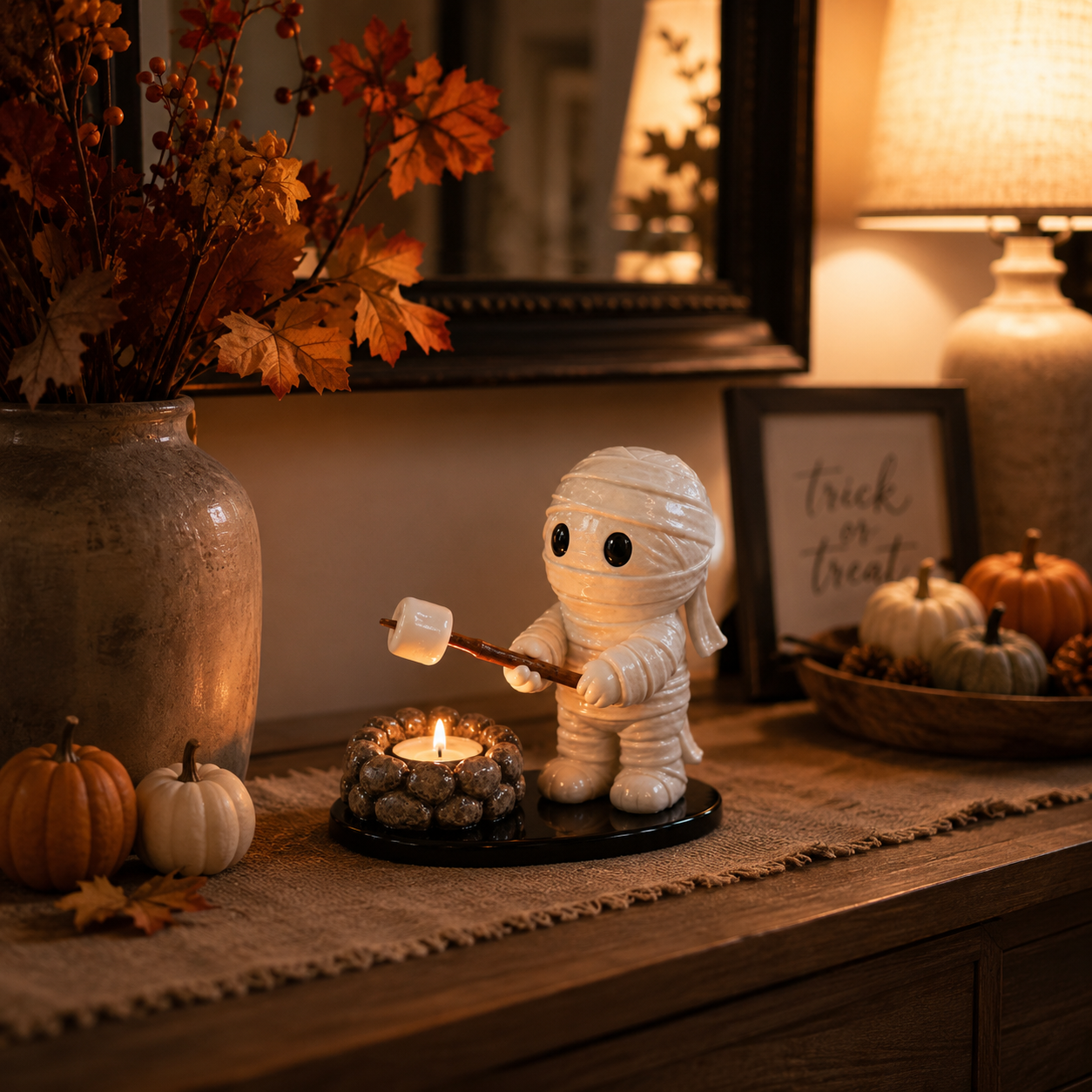 Halloween Mummy Campfire Tealight Holder – Resin Tabletop Candle Decor