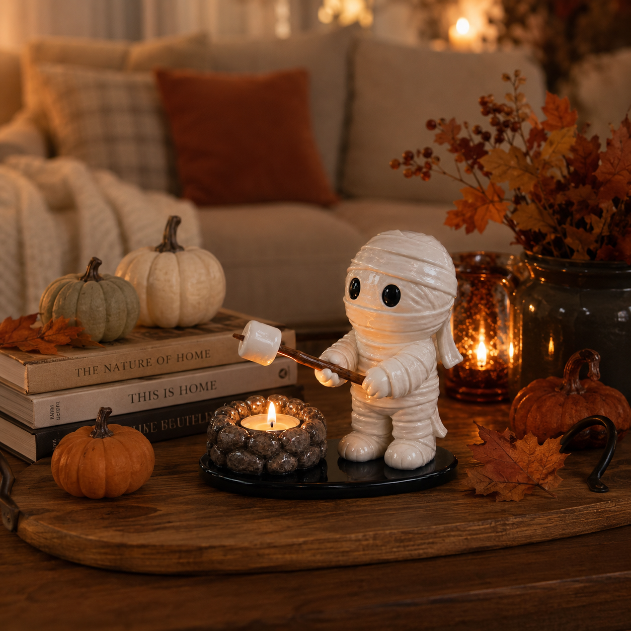 Halloween Mummy Campfire Tealight Holder – Resin Tabletop Candle Decor