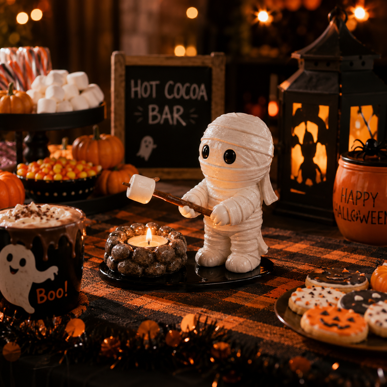 Halloween Mummy Campfire Tealight Holder – Resin Tabletop Candle Decor