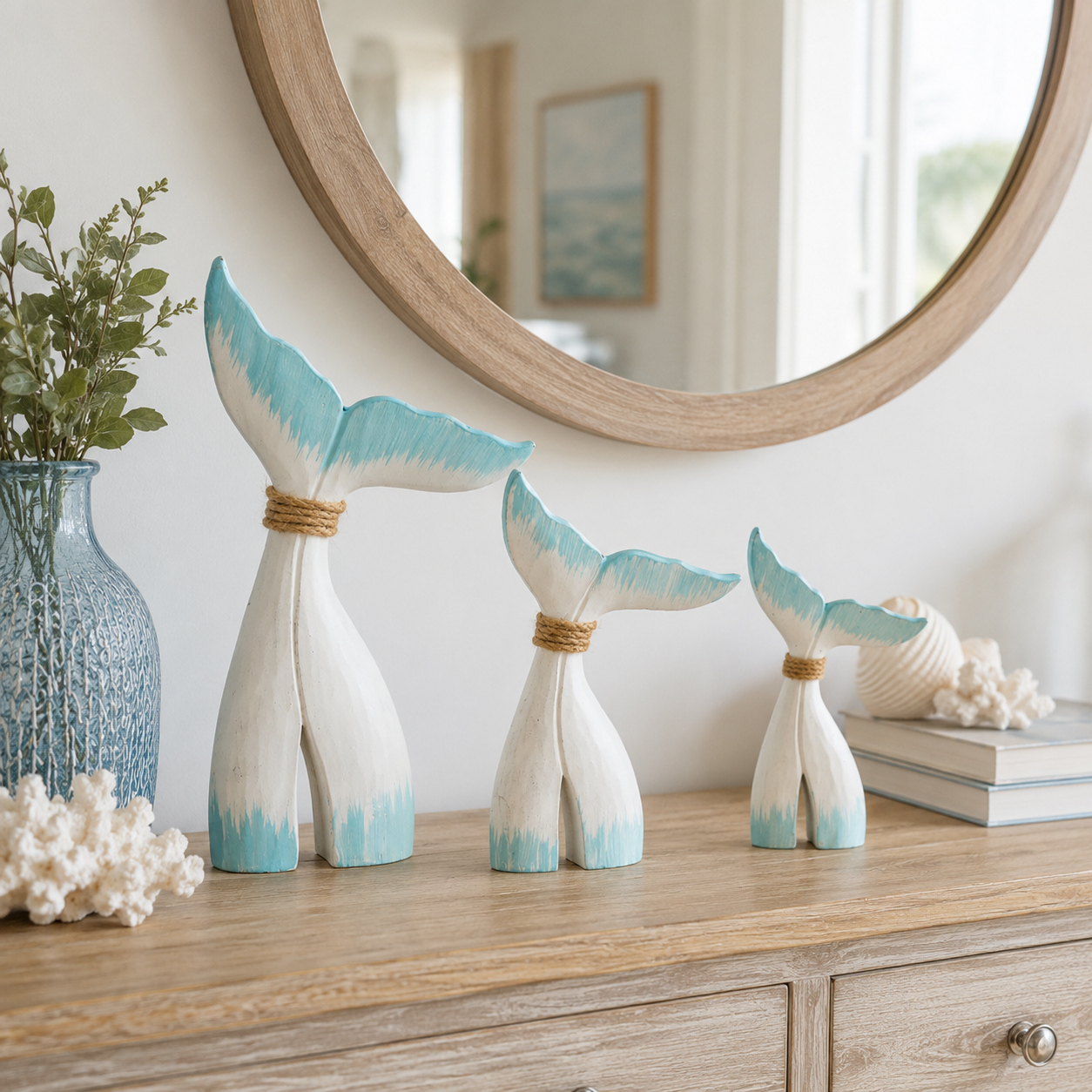 Coastal Whale Tail Figurine Set of 3 – Blue & White Nautical Tabletop Decor