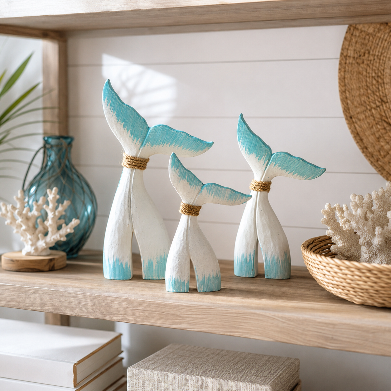 Coastal Whale Tail Figurine Set of 3 – Blue & White Nautical Tabletop Decor