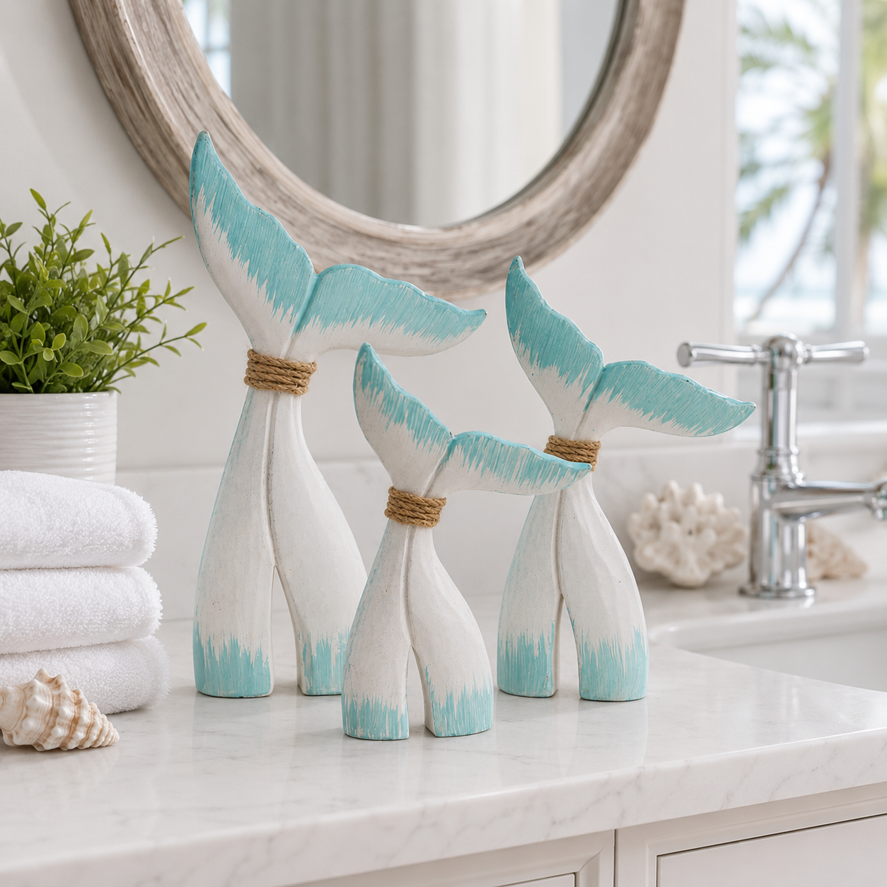 Coastal Whale Tail Figurine Set of 3 – Blue & White Nautical Tabletop Decor