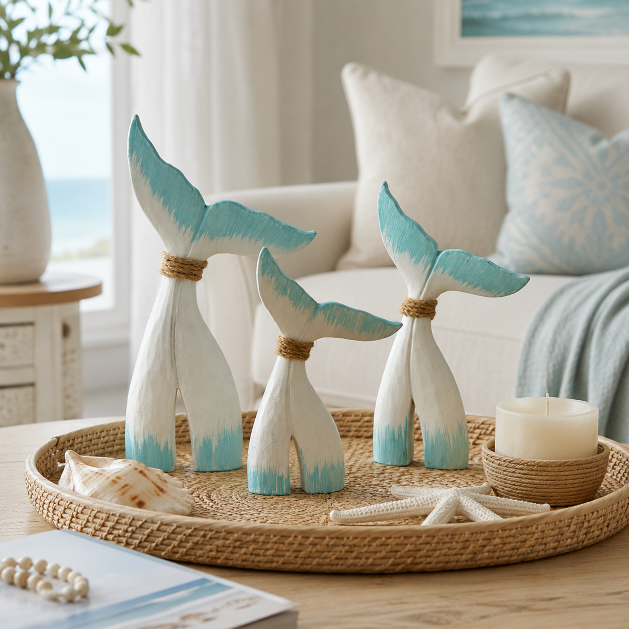 Coastal Whale Tail Figurine Set of 3 – Blue & White Nautical Tabletop Decor