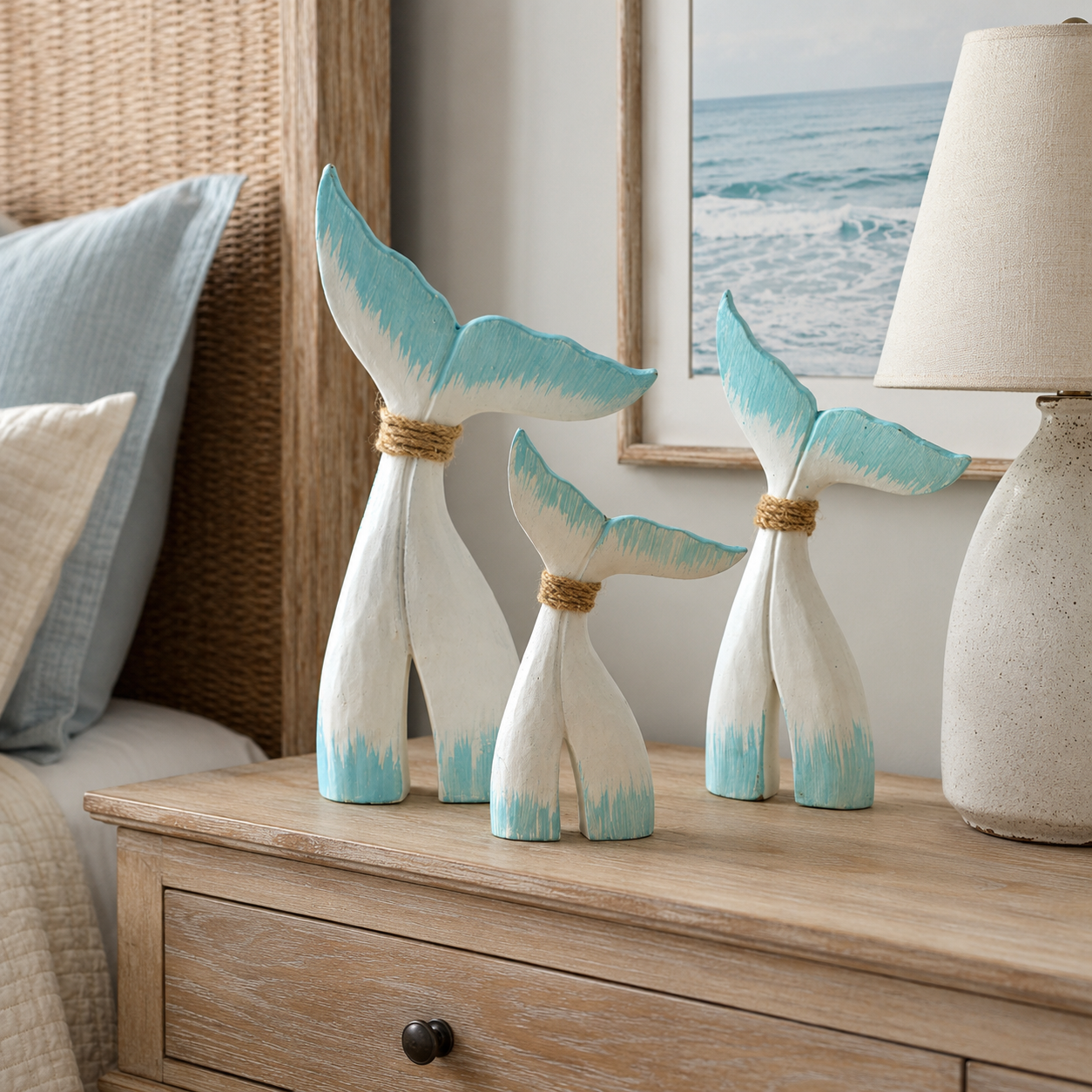 Coastal Whale Tail Figurine Set of 3 – Blue & White Nautical Tabletop Decor