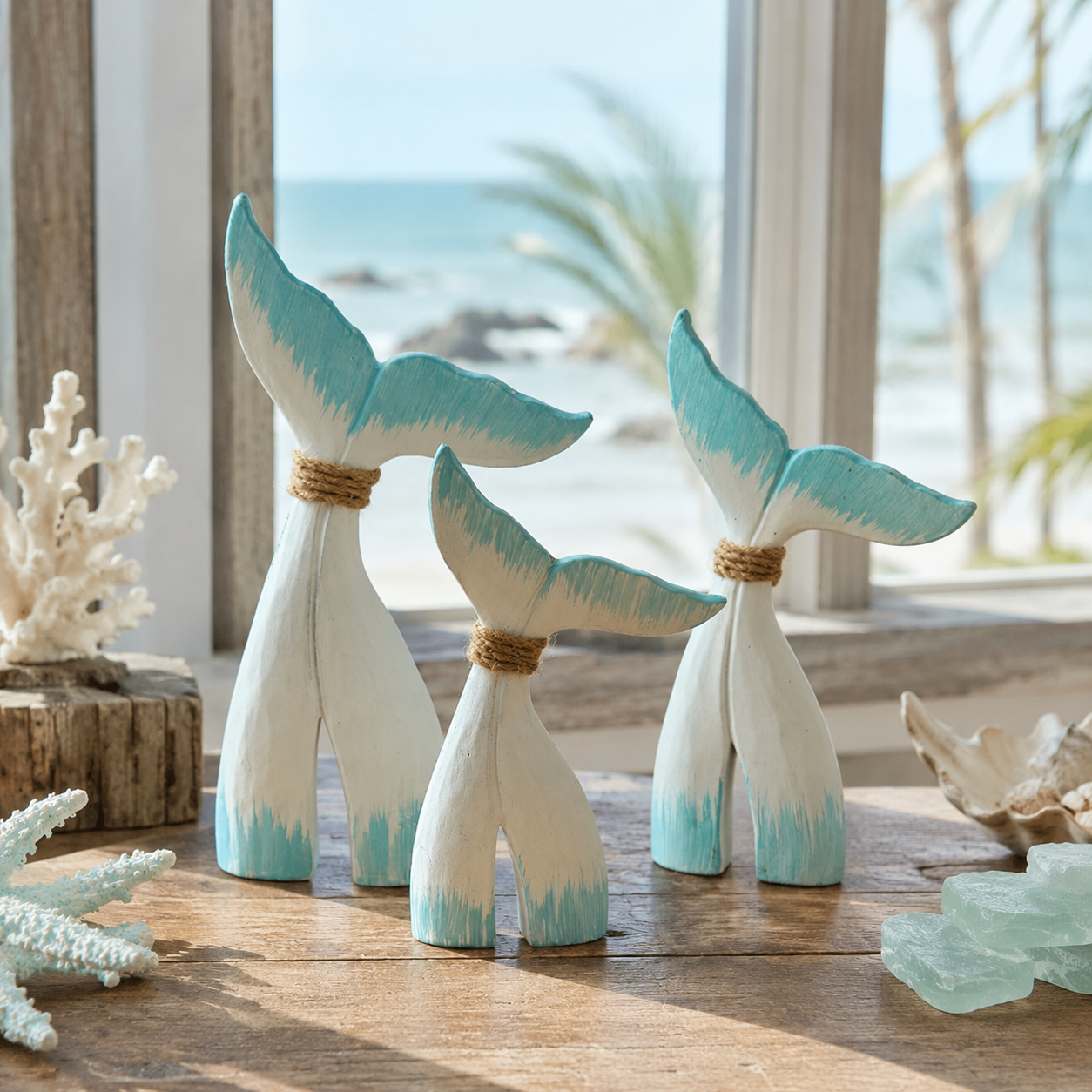 Coastal Whale Tail Figurine Set of 3 – Blue & White Nautical Tabletop Decor
