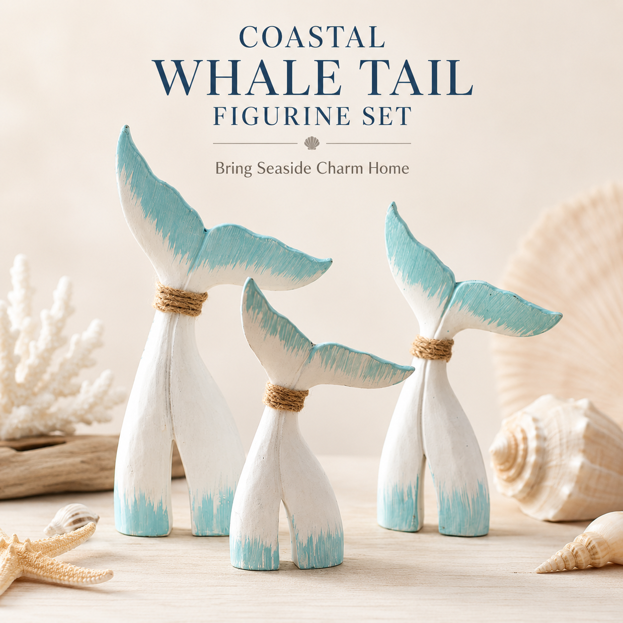 Coastal Whale Tail Figurine Set of 3 – Blue & White Nautical Tabletop Decor