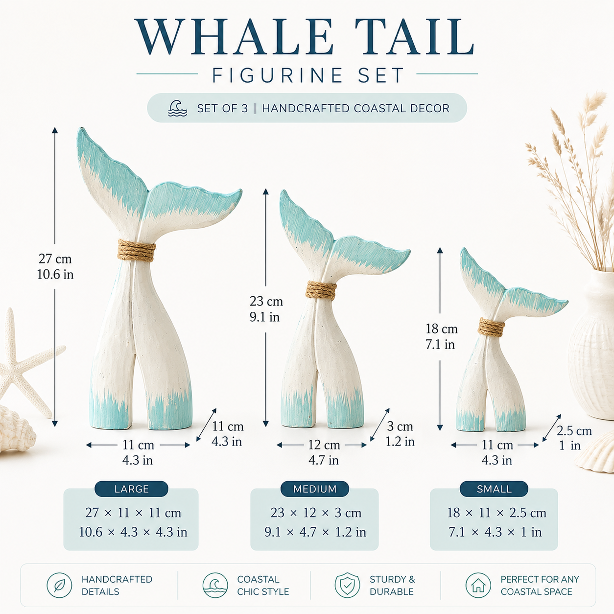 Coastal Whale Tail Figurine Set of 3 – Blue & White Nautical Tabletop Decor