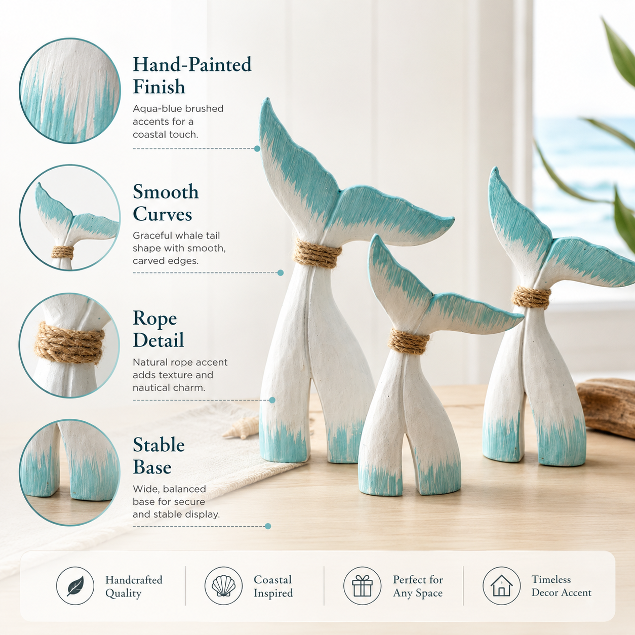 Coastal Whale Tail Figurine Set of 3 – Blue & White Nautical Tabletop Decor
