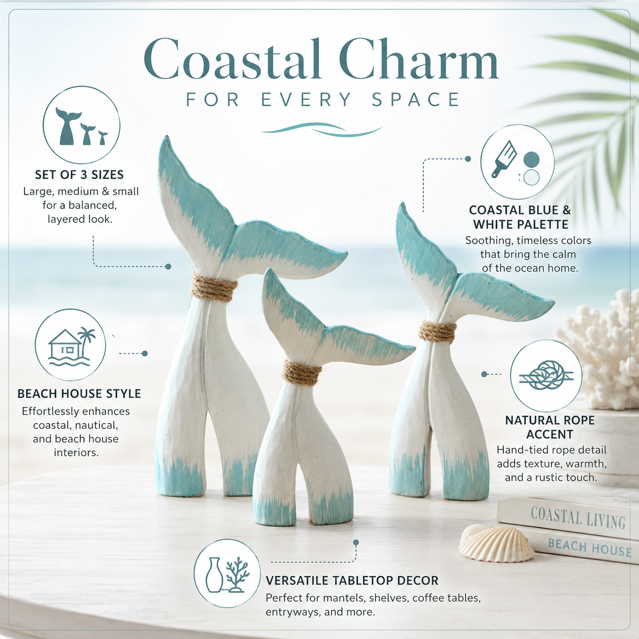 Coastal Whale Tail Figurine Set of 3 – Blue & White Nautical Tabletop Decor