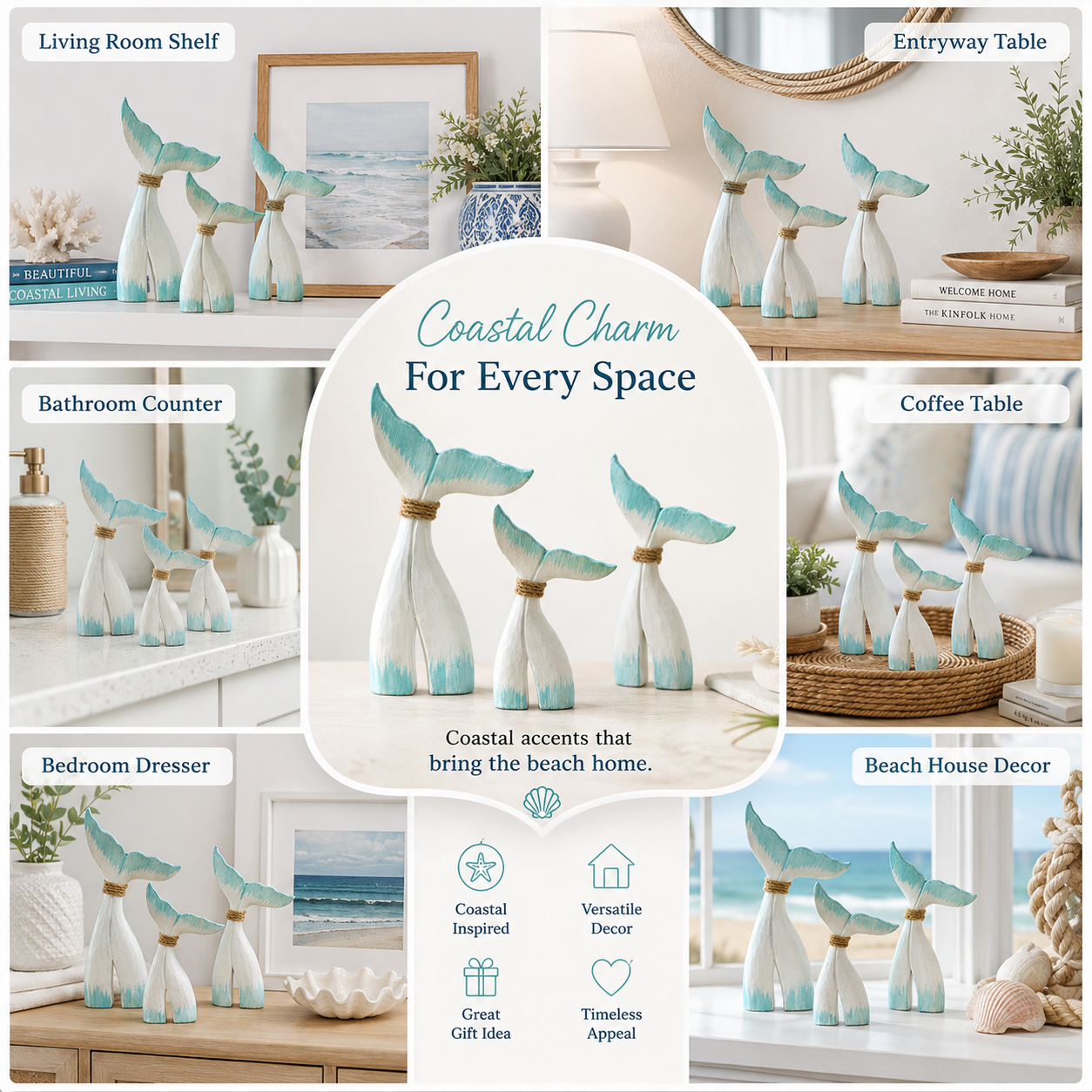 Coastal Whale Tail Figurine Set of 3 – Blue & White Nautical Tabletop Decor