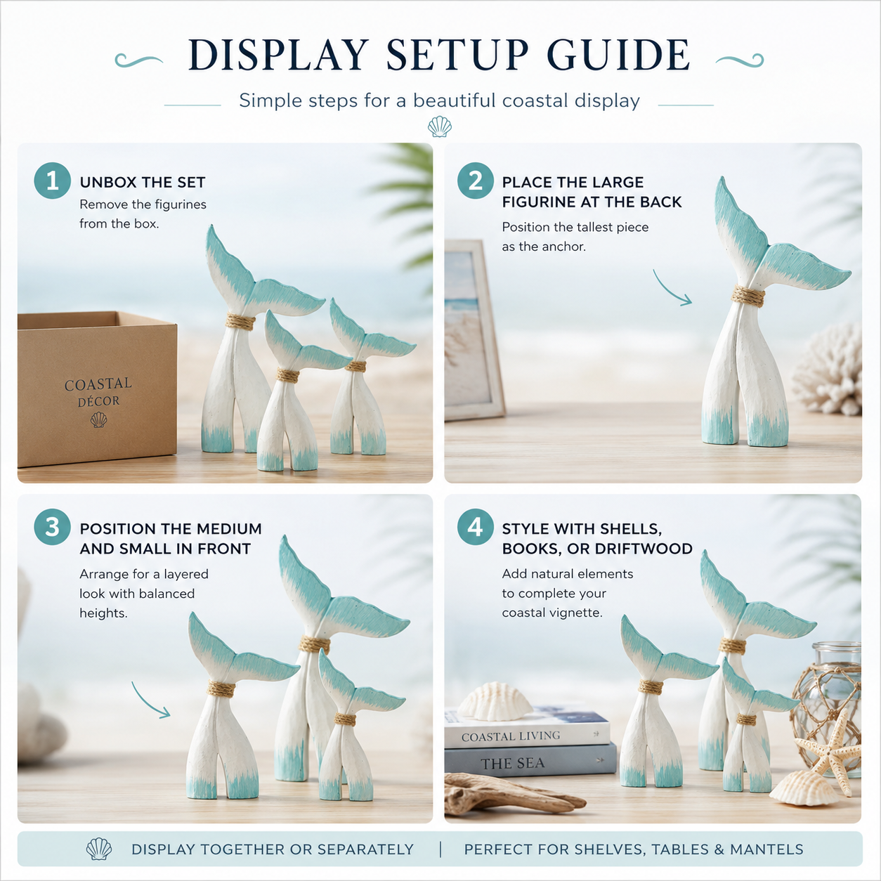 Coastal Whale Tail Figurine Set of 3 – Blue & White Nautical Tabletop Decor