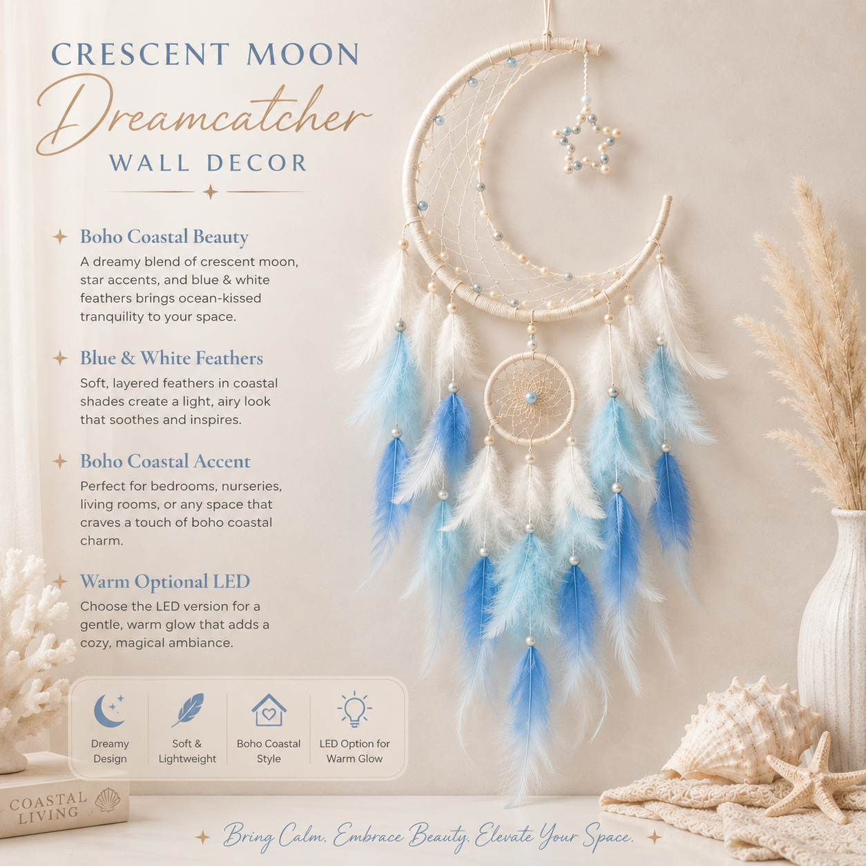 Lighted Crescent Moon Dreamcatcher Wall Decor – Blue & White Feather Hanging with Warm LED Lights
