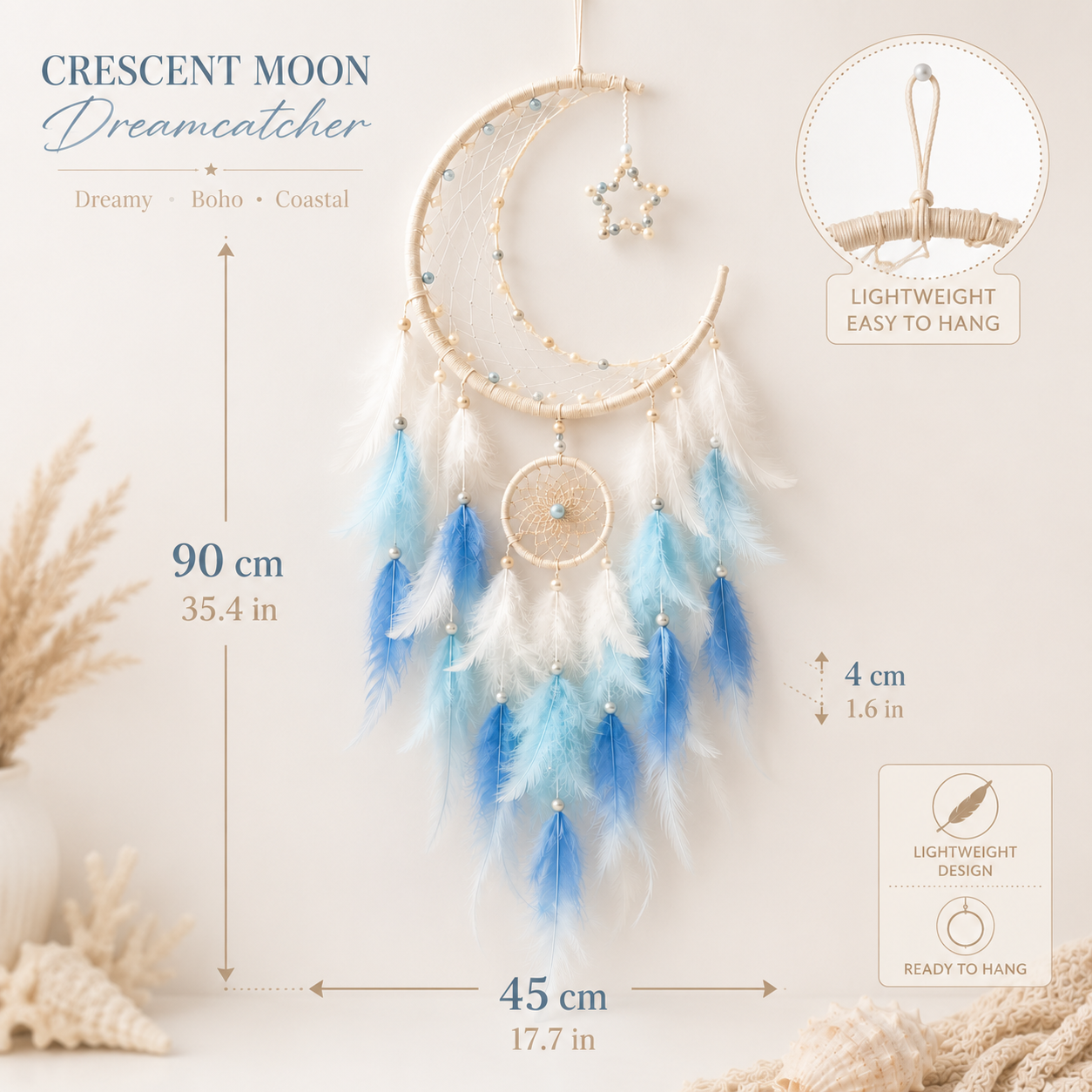 Lighted Crescent Moon Dreamcatcher Wall Decor – Blue & White Feather Hanging with Warm LED Lights