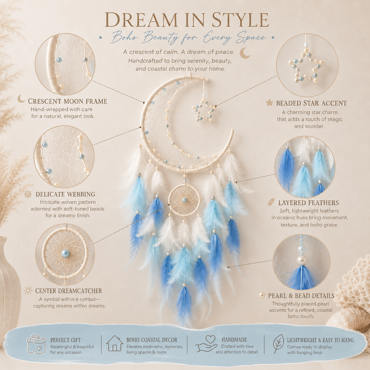 Lighted Crescent Moon Dreamcatcher Wall Decor – Blue & White Feather Hanging with Warm LED Lights