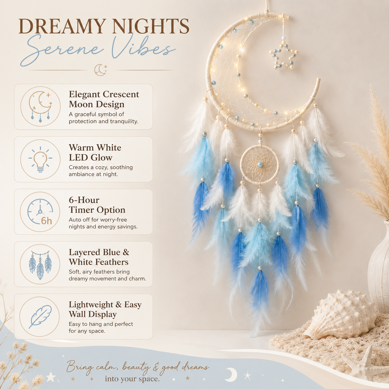 Lighted Crescent Moon Dreamcatcher Wall Decor – Blue & White Feather Hanging with Warm LED Lights