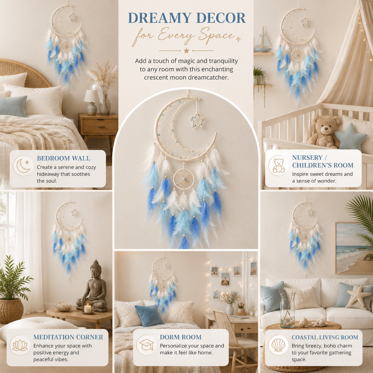 Lighted Crescent Moon Dreamcatcher Wall Decor – Blue & White Feather Hanging with Warm LED Lights