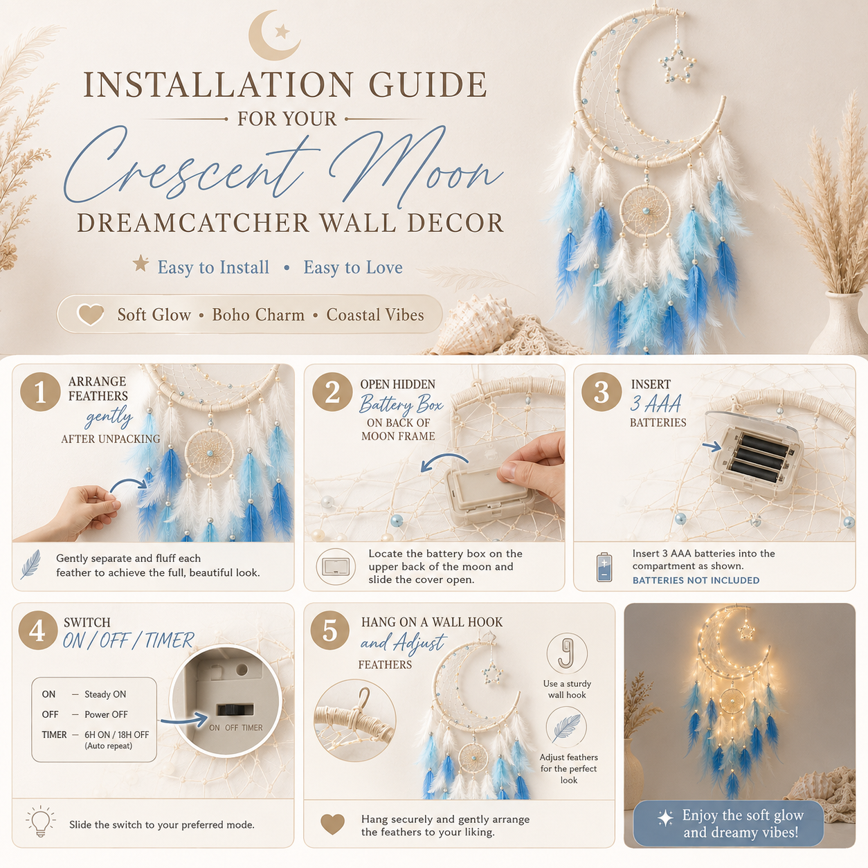 Lighted Crescent Moon Dreamcatcher Wall Decor – Blue & White Feather Hanging with Warm LED Lights
