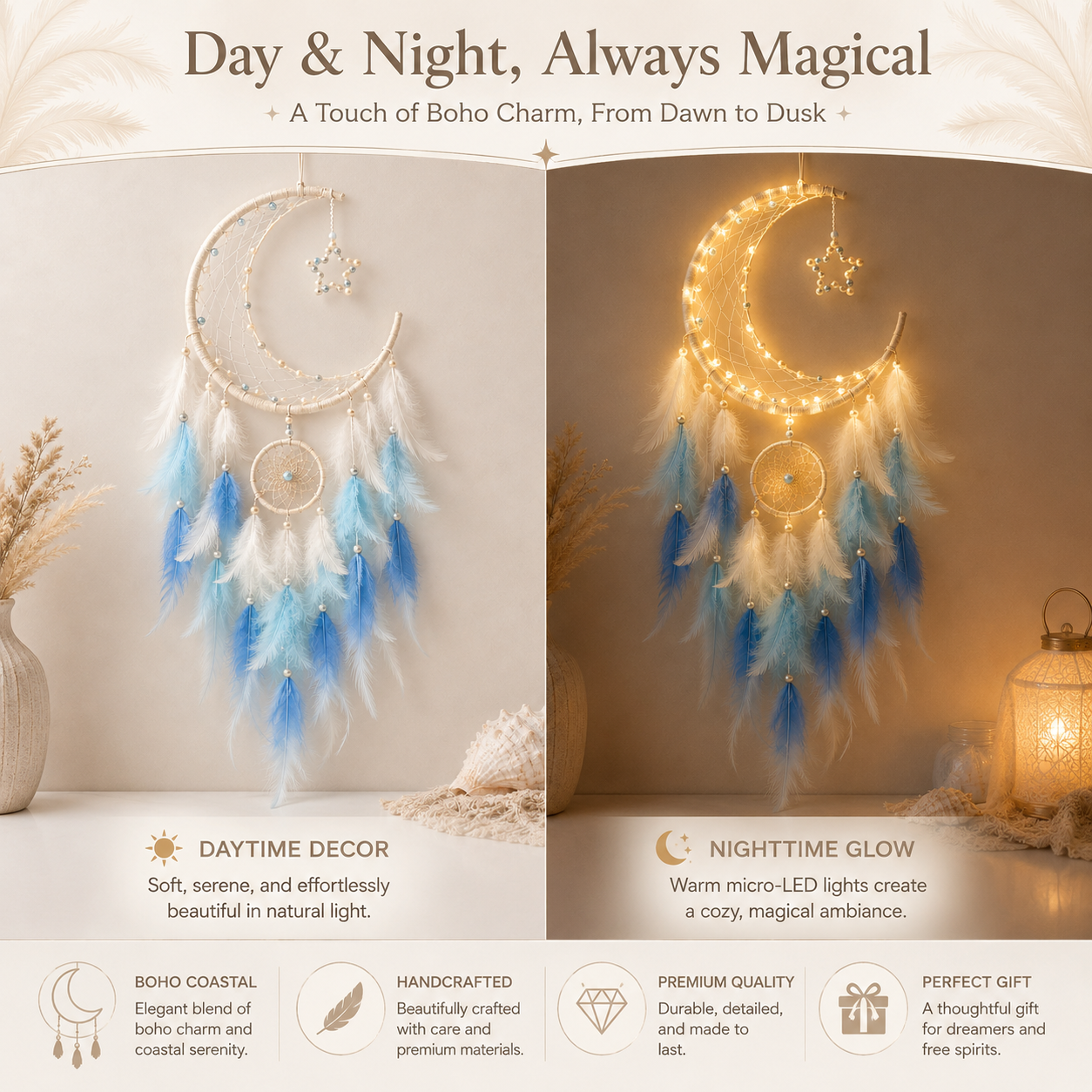 Lighted Crescent Moon Dreamcatcher Wall Decor – Blue & White Feather Hanging with Warm LED Lights