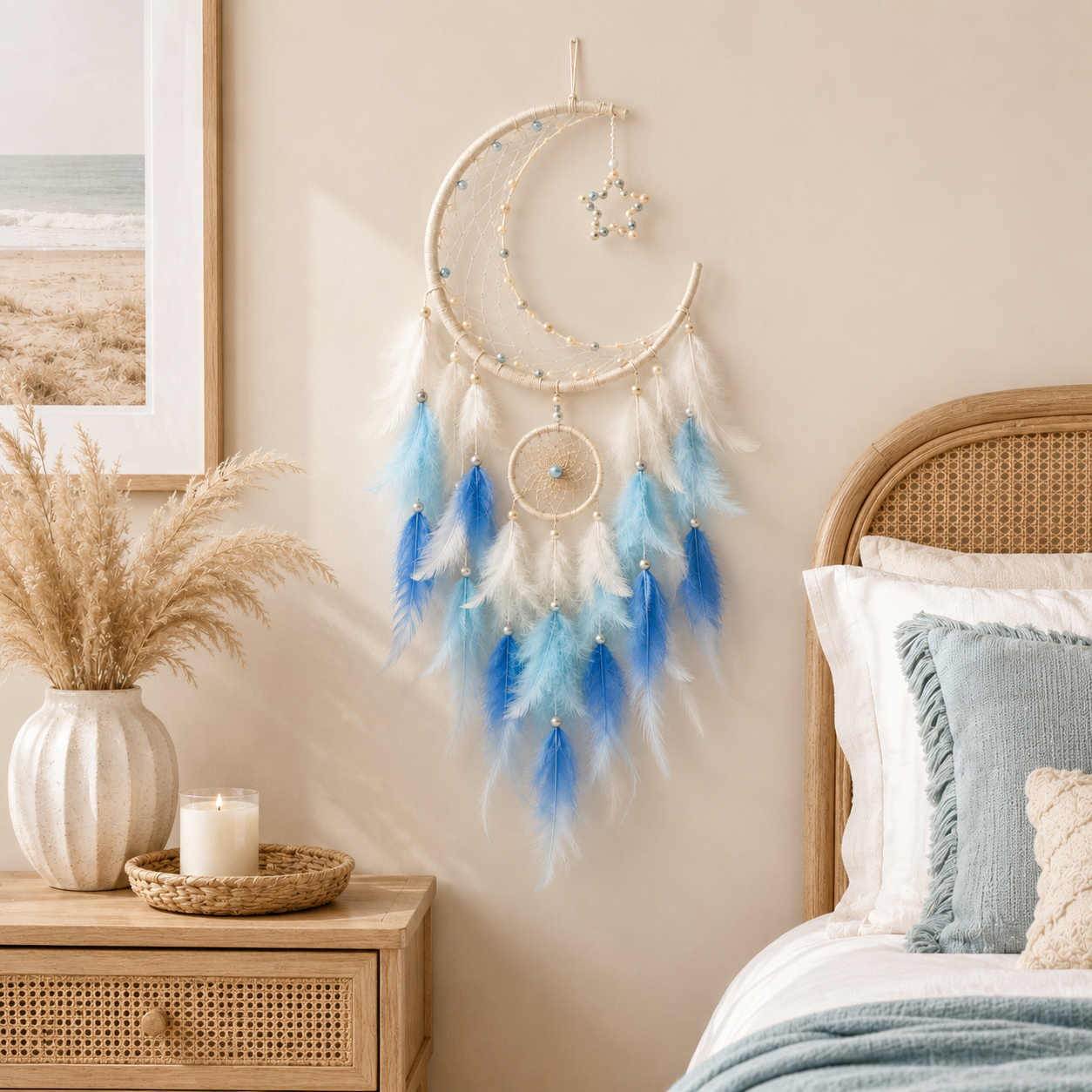 Lighted Crescent Moon Dreamcatcher Wall Decor – Blue & White Feather Hanging with Warm LED Lights