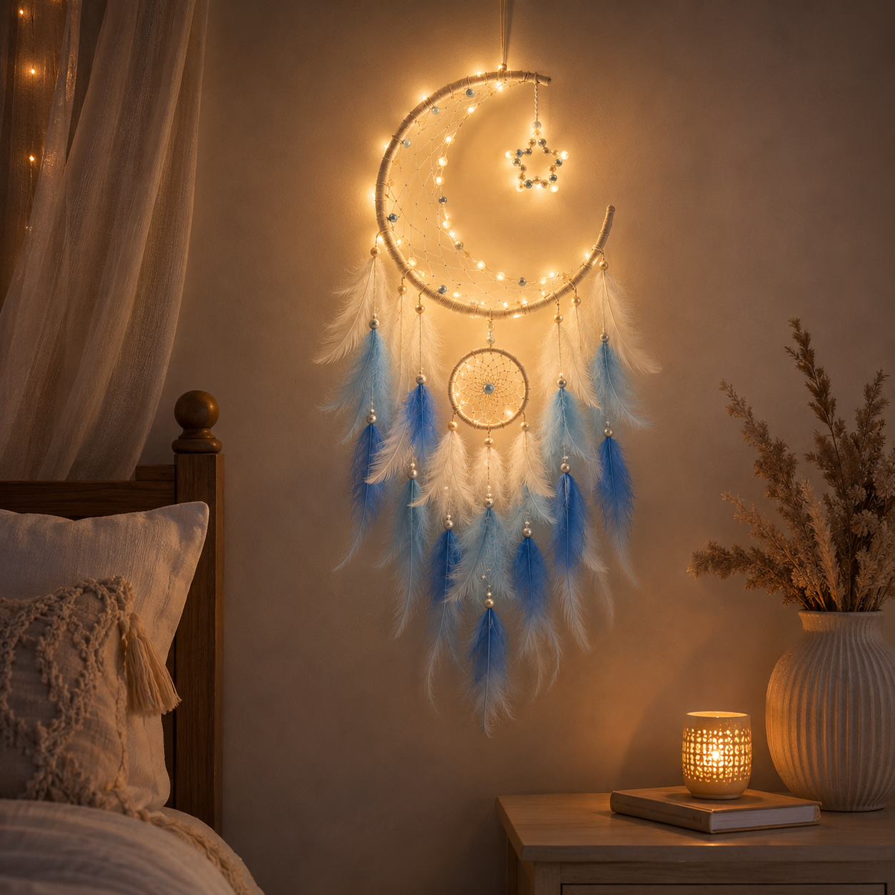 Lighted Crescent Moon Dreamcatcher Wall Decor – Blue & White Feather Hanging with Warm LED Lights