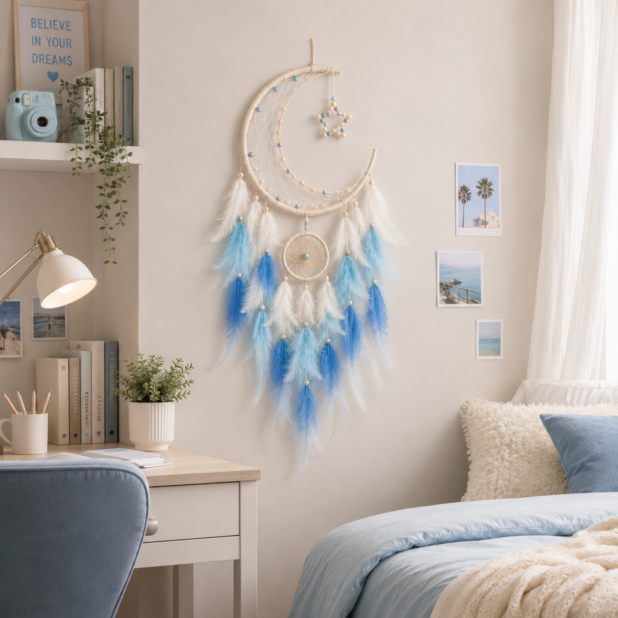 Lighted Crescent Moon Dreamcatcher Wall Decor – Blue & White Feather Hanging with Warm LED Lights