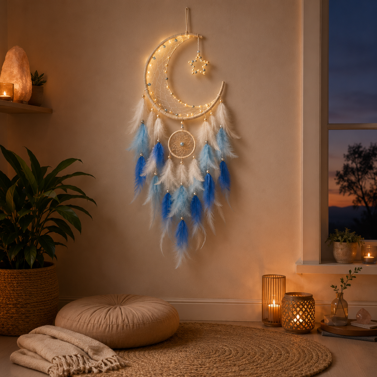 Lighted Crescent Moon Dreamcatcher Wall Decor – Blue & White Feather Hanging with Warm LED Lights