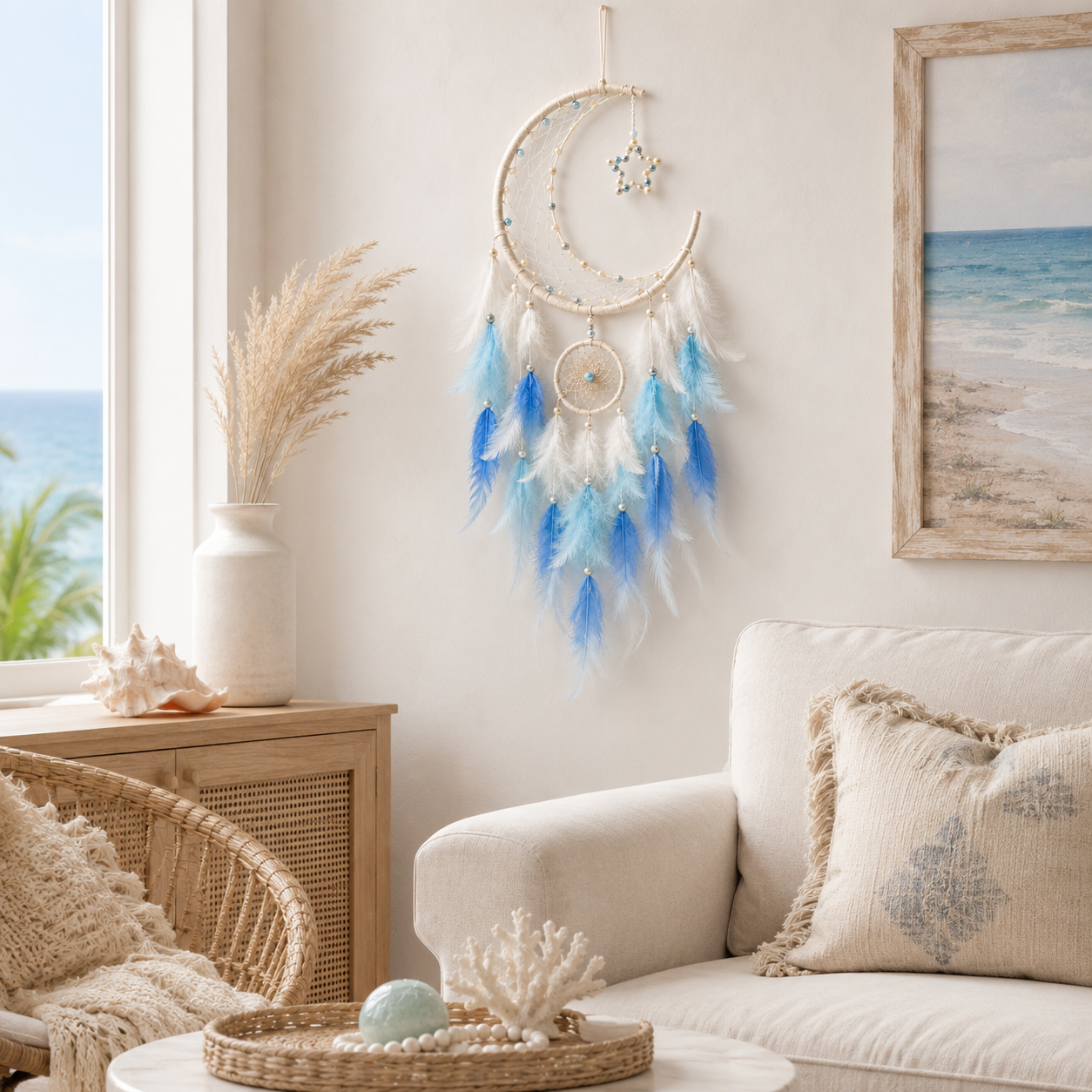 Lighted Crescent Moon Dreamcatcher Wall Decor – Blue & White Feather Hanging with Warm LED Lights