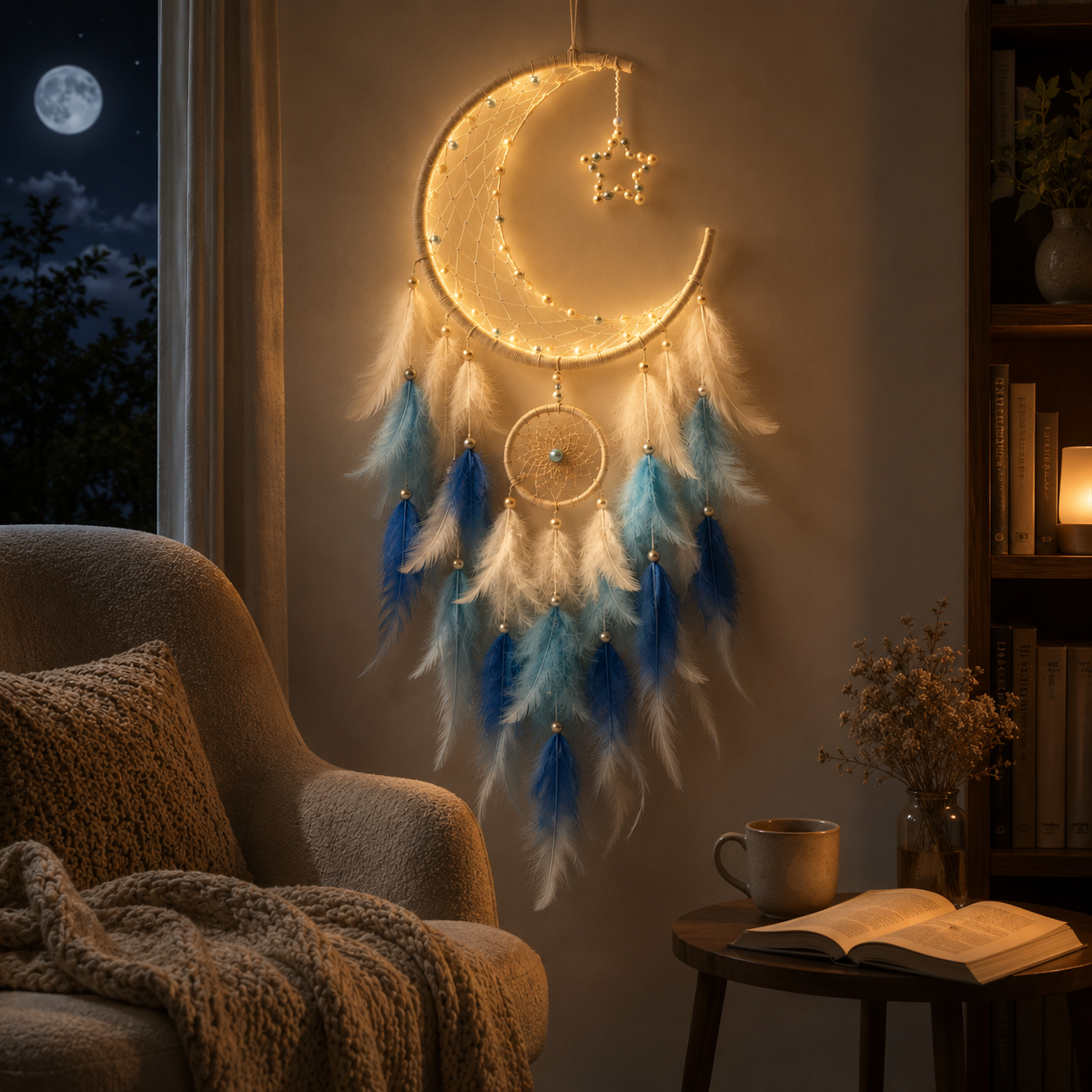 Lighted Crescent Moon Dreamcatcher Wall Decor – Blue & White Feather Hanging with Warm LED Lights