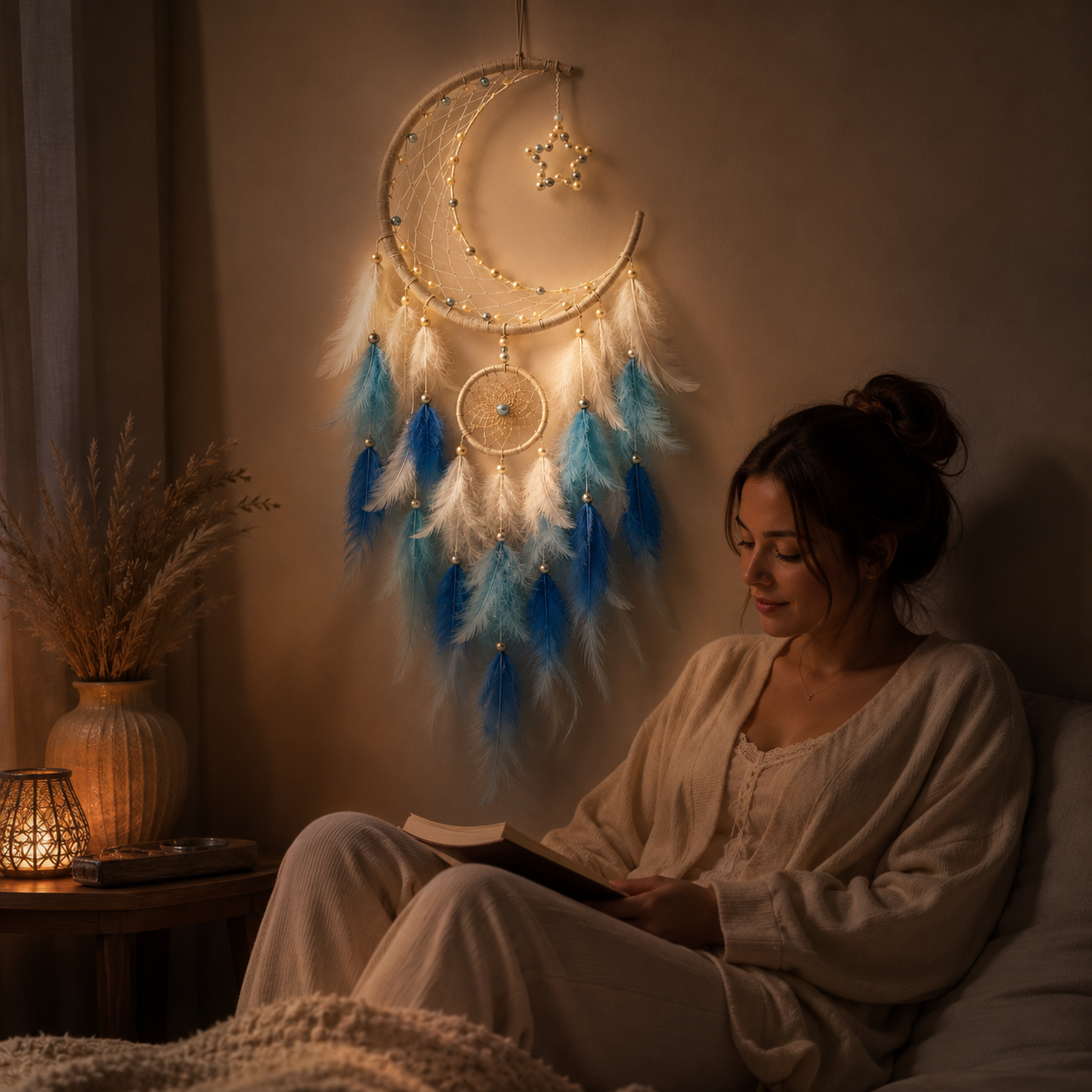 Lighted Crescent Moon Dreamcatcher Wall Decor – Blue & White Feather Hanging with Warm LED Lights