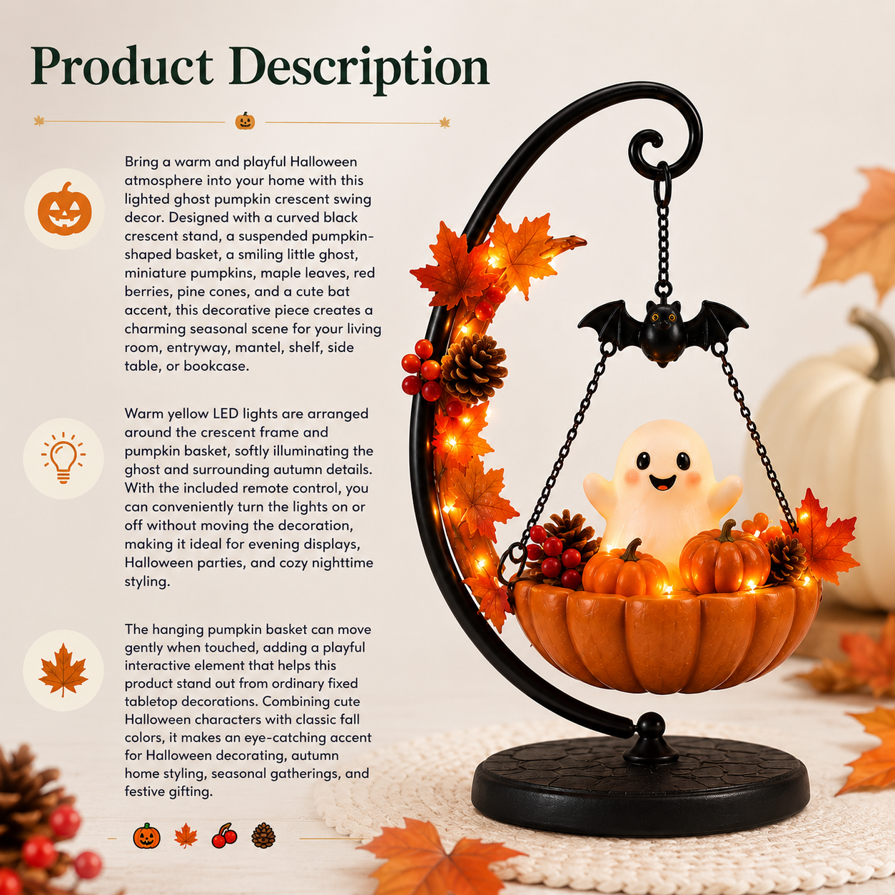 Lighted Ghost Pumpkin Crescent Swing Tabletop Decor