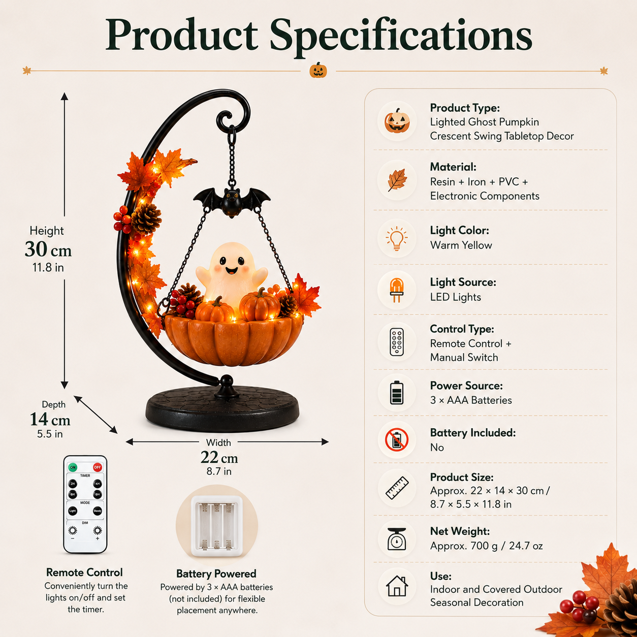 Lighted Ghost Pumpkin Crescent Swing Tabletop Decor