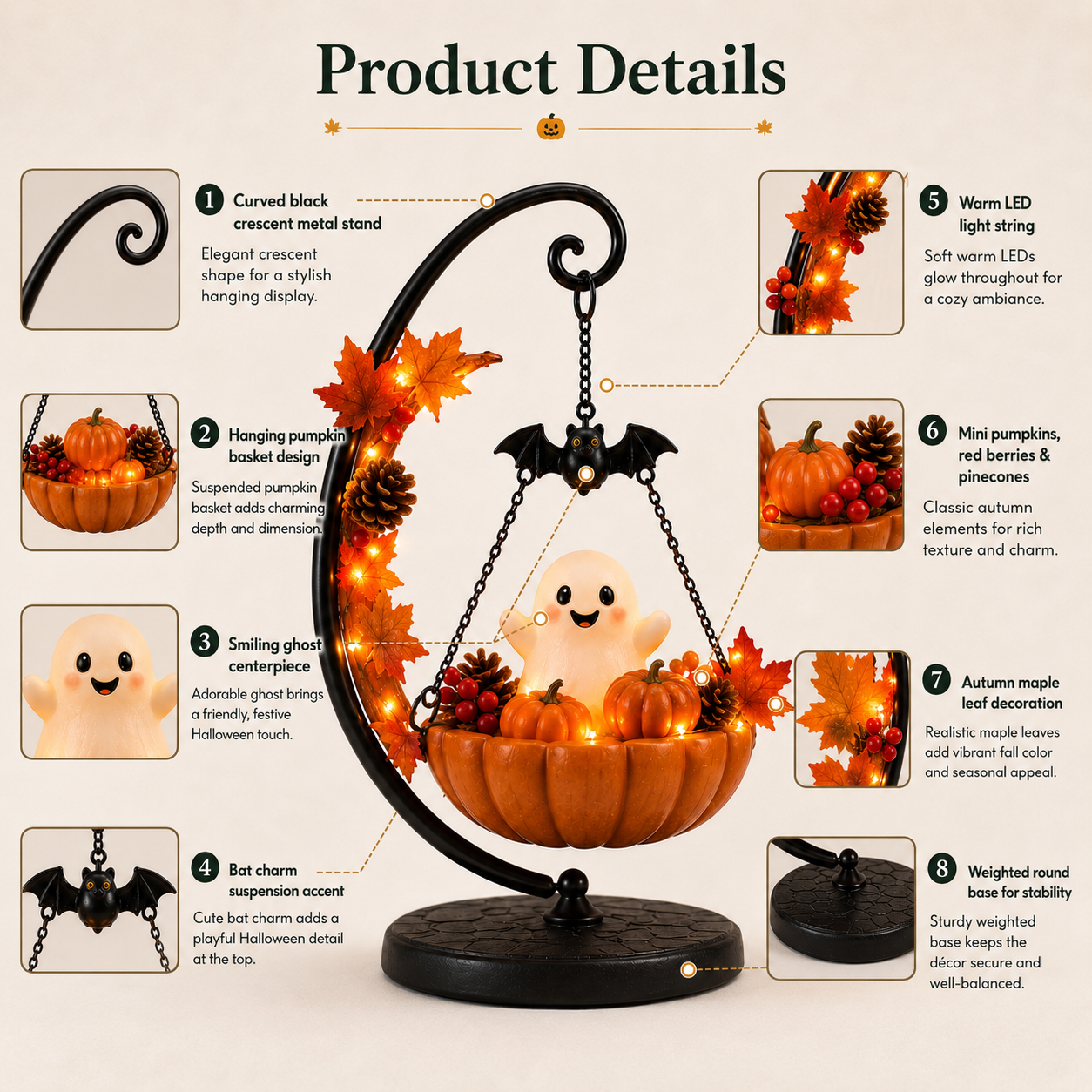 Lighted Ghost Pumpkin Crescent Swing Tabletop Decor