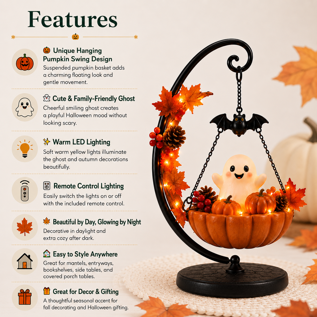 Lighted Ghost Pumpkin Crescent Swing Tabletop Decor