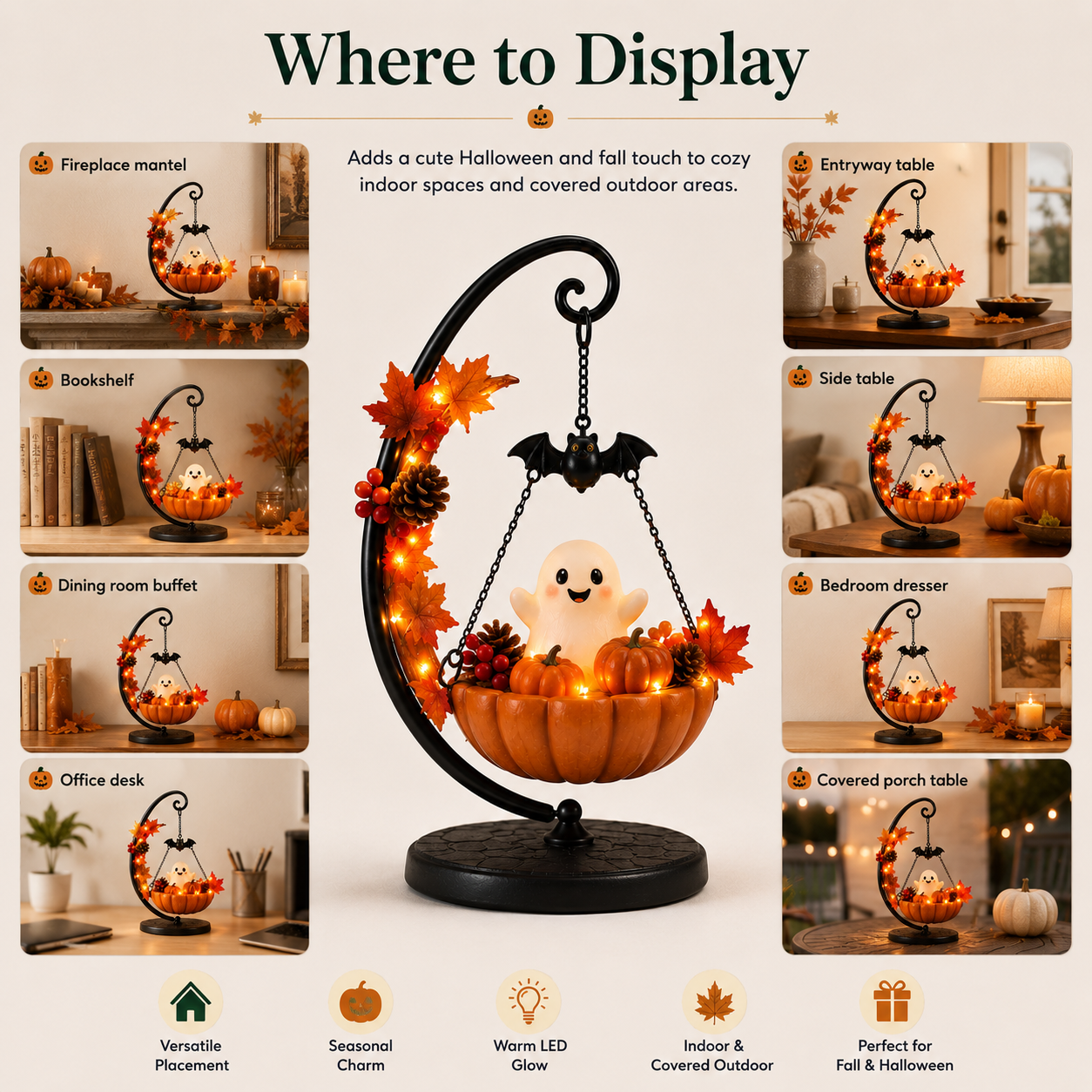 Lighted Ghost Pumpkin Crescent Swing Tabletop Decor